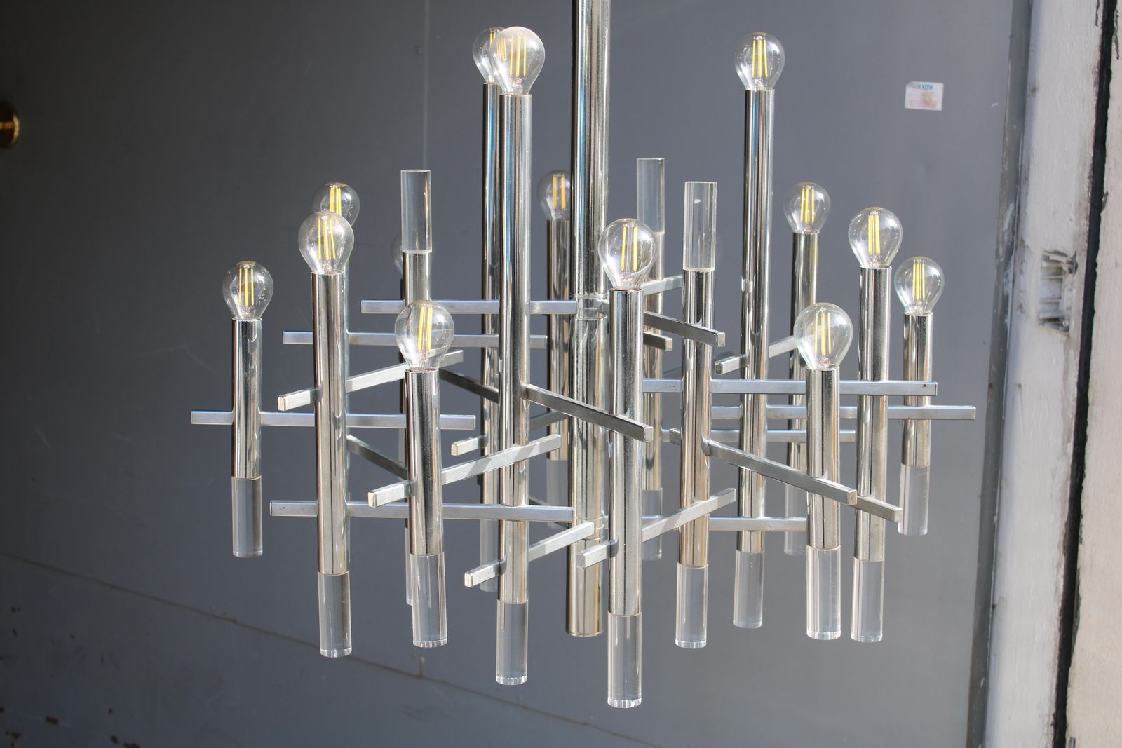 Sciolari Chandelier In Steel And Plexiglass 1970 Italy Minimalist Design photo for sale