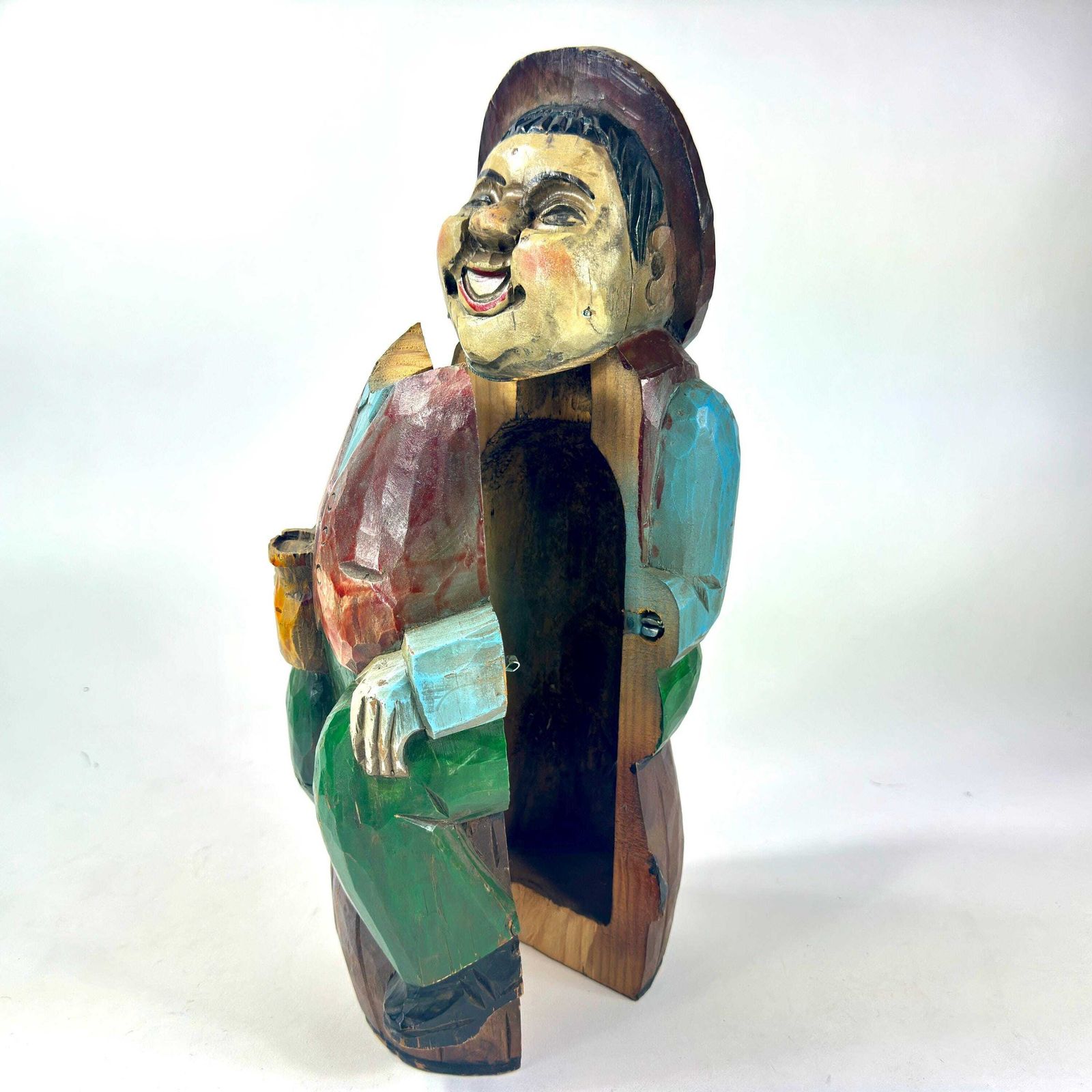 Vintage Hand Carved Wooden Wine Container – Jolly Man Figure Holding A Stein