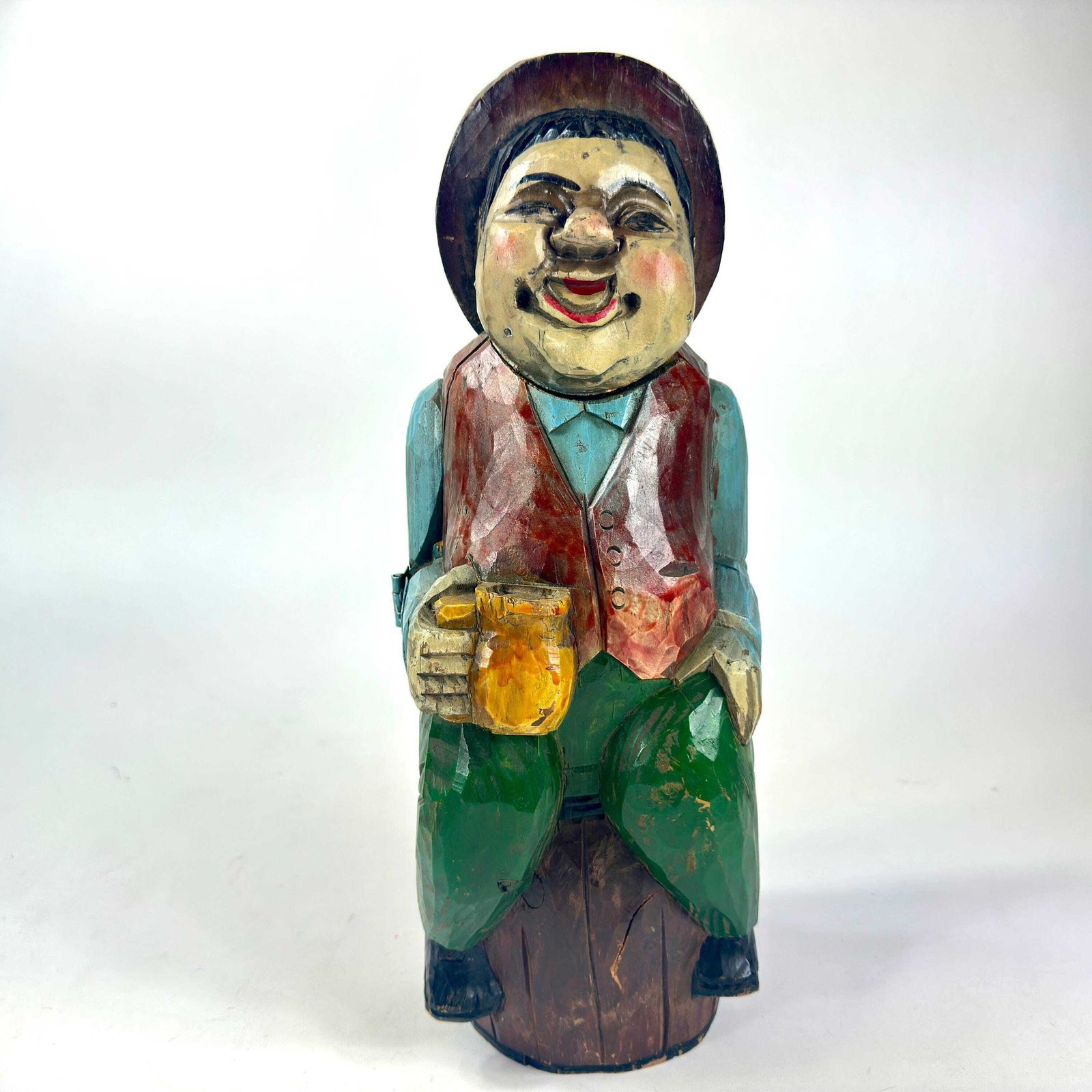 Vintage Hand Carved Wooden Wine Container – Jolly Man Figure Holding A Stein photo furniture