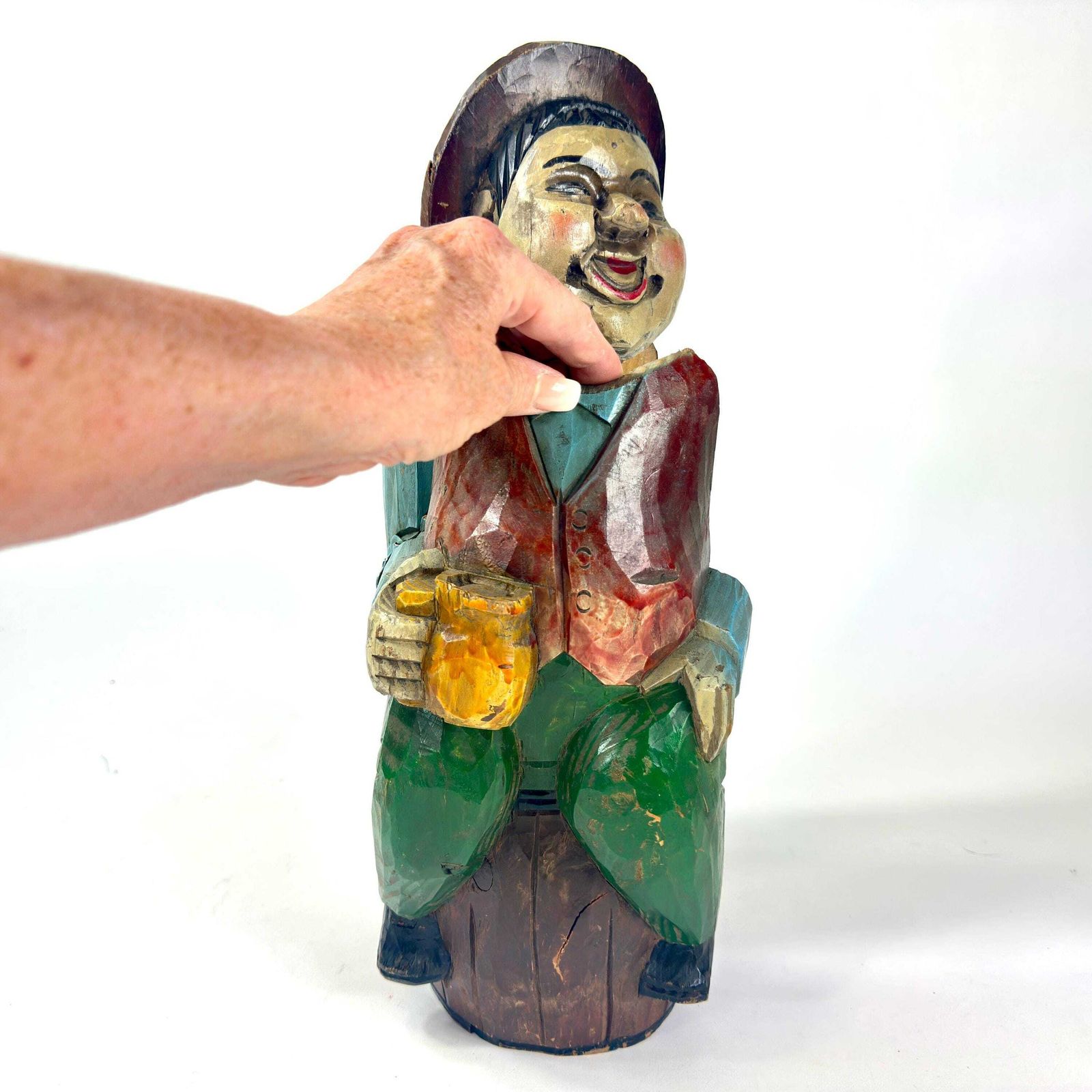 photo furniture Vintage Hand Carved Wooden Wine Container – Jolly Man Figure Holding A Stein