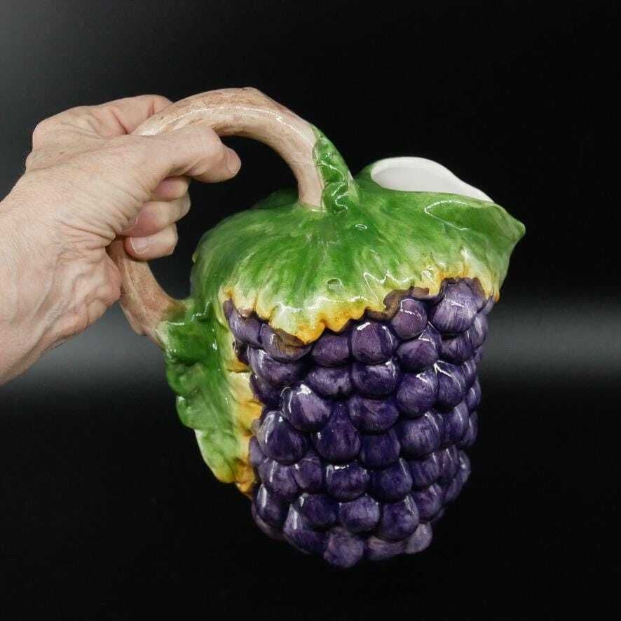 Vintage Majolica Jug, Hand Painted Blue Grapes & Vines, Made In Italy photo buy