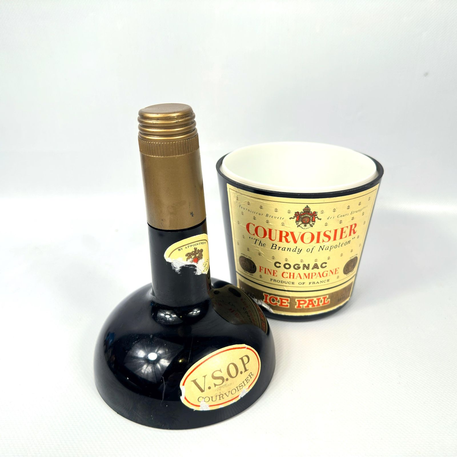 Vintage Courvoisier Cognac V.S.O.P. Ice Pail – 1970s French Barware, Advertising Bottle Ice Bucket photo Home Decor
