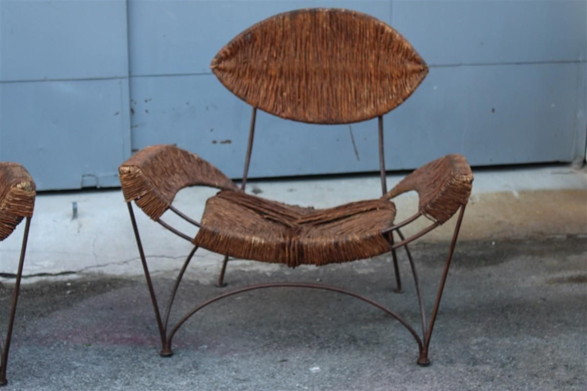 Pair Of Tom Dixon Banana Metal And Straw Cap Armchairs Italy 1980 photo for sale