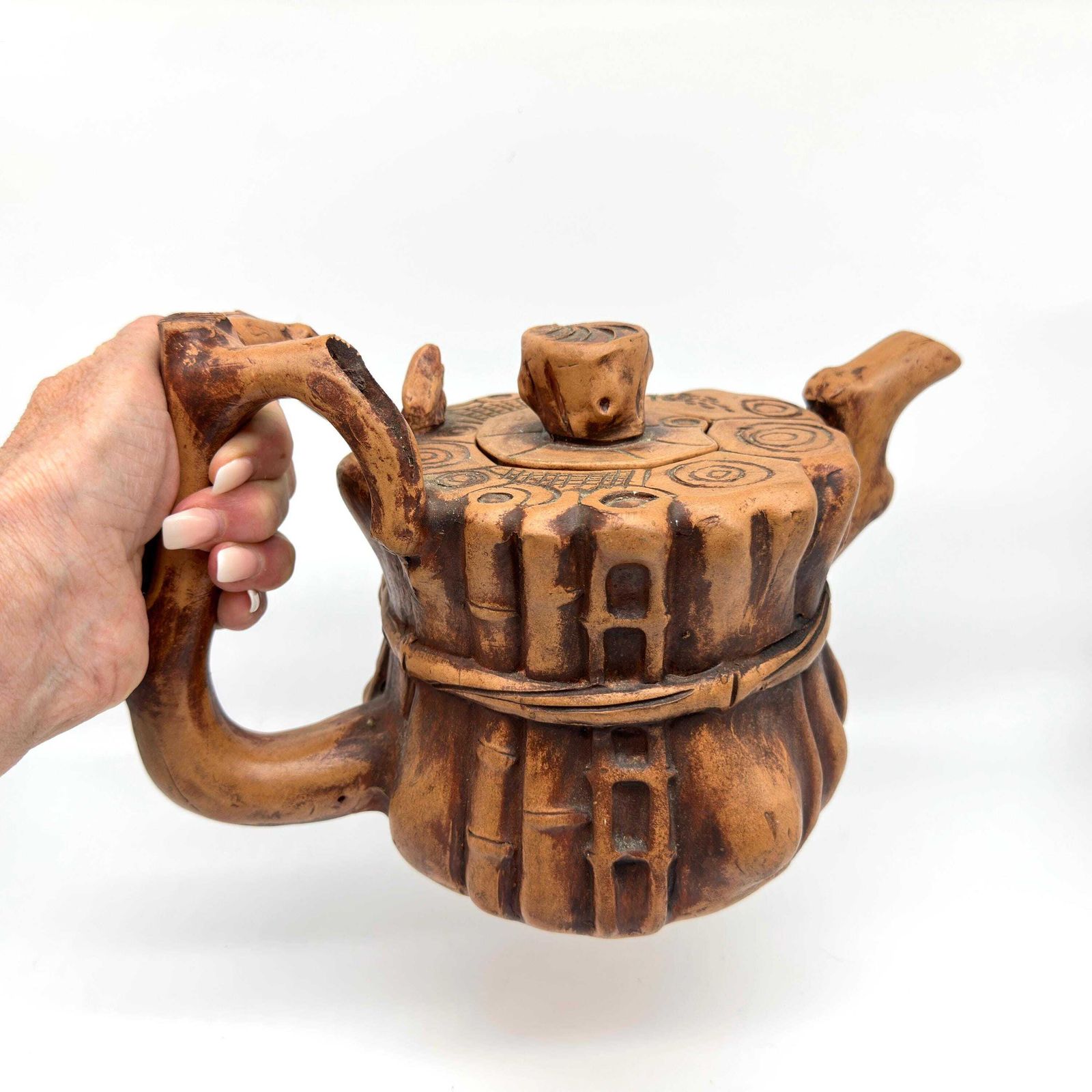 Vintage Yixing Teapot – Zisha Clay Squirrel & Bamboo Tree Trunk, Chinese Art Pottery, 1980s