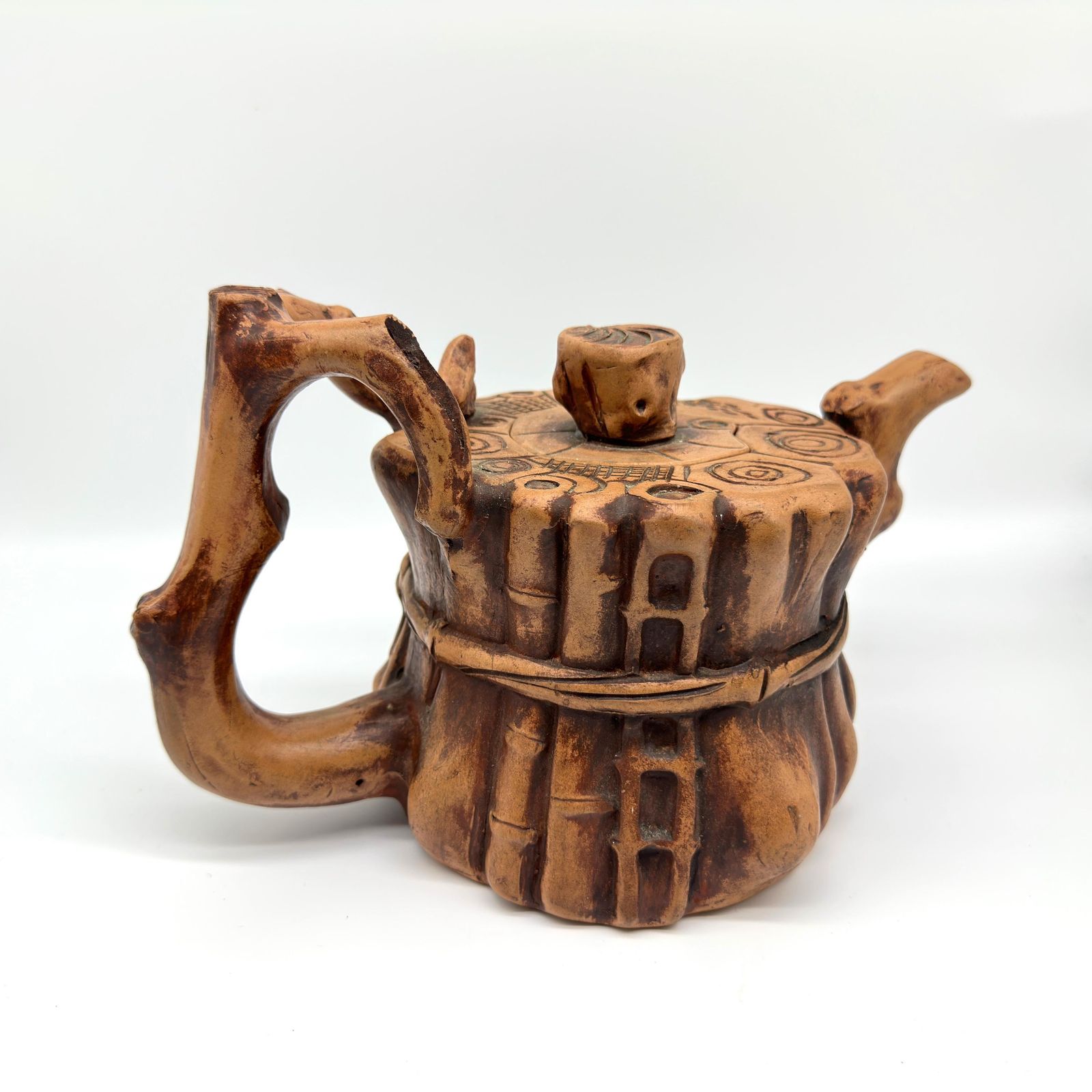 Vintage Yixing Teapot – Zisha Clay Squirrel & Bamboo Tree Trunk, Chinese Art Pottery, 1980s photo vinterior