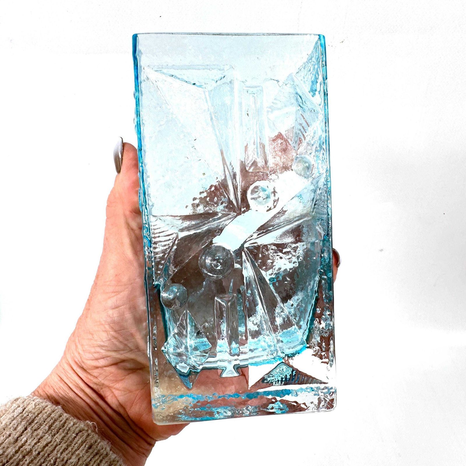 Mid Century Ice Blue Glass Vase By Josef Schott – Vintage Geometric Design, 1960s photo vintage