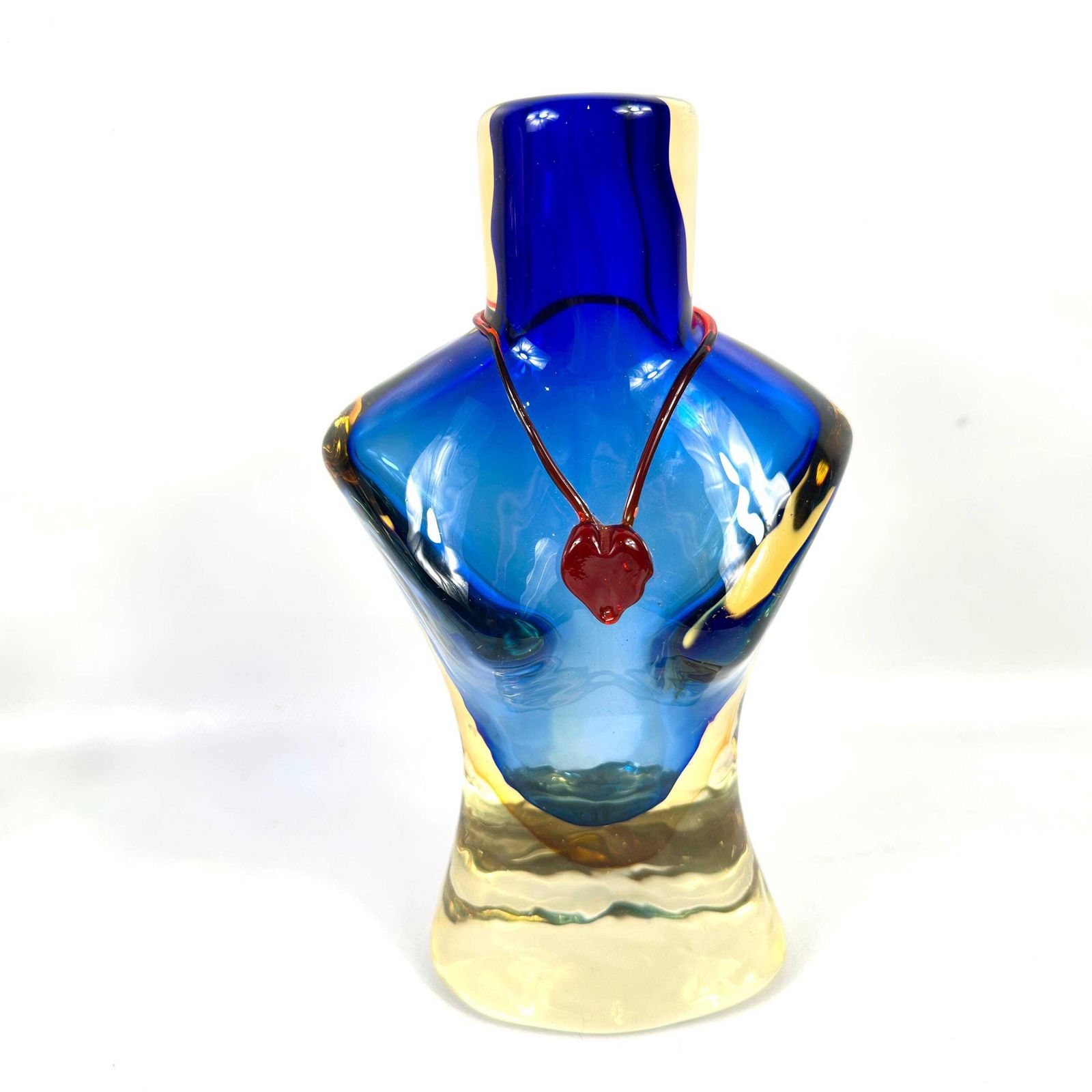 Scandinavian Art Glass Torso Vase – Hand Blown Glass With Red Heart Necklace, 1980s