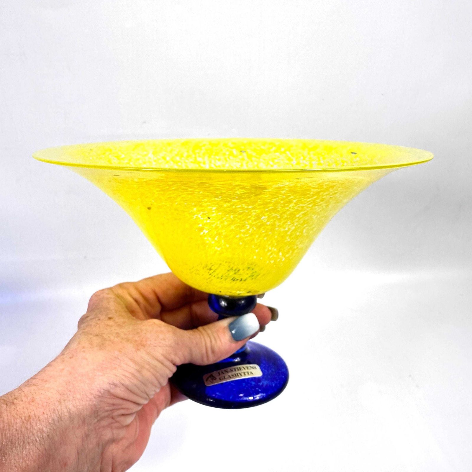 Scandinavian Art Glass Bowl – Jan Stievens Cobalt Blue & Yellow Pedestal photo vinterior