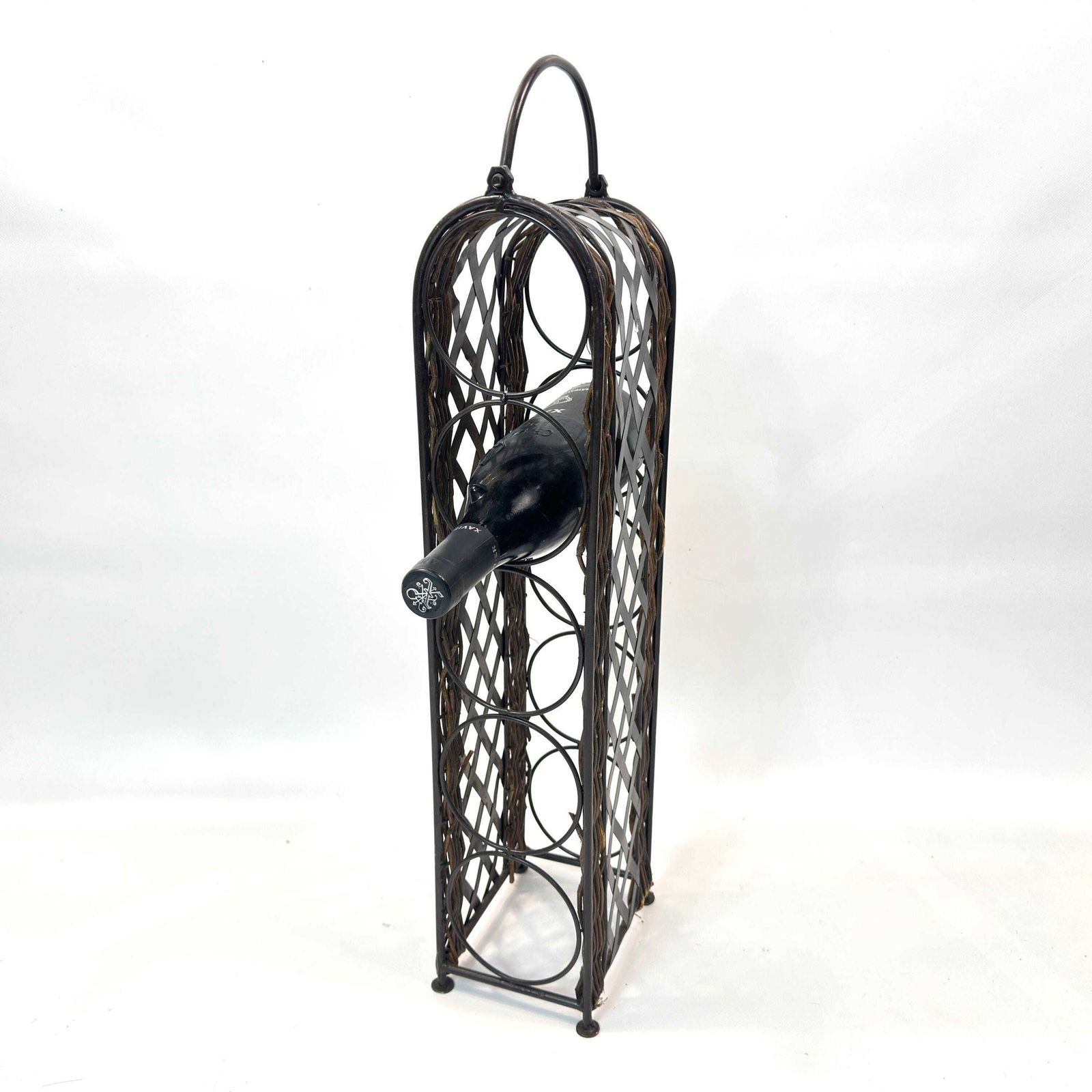 Vintage Wine Rack – Wrought Iron And Wicker 5 Bottle Storage