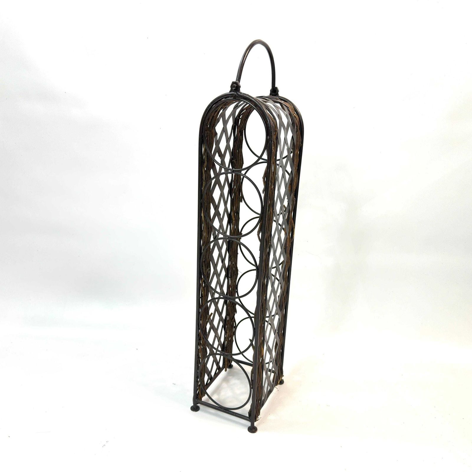photo furniture Vintage Wine Rack – Wrought Iron And Wicker 5 Bottle Storage