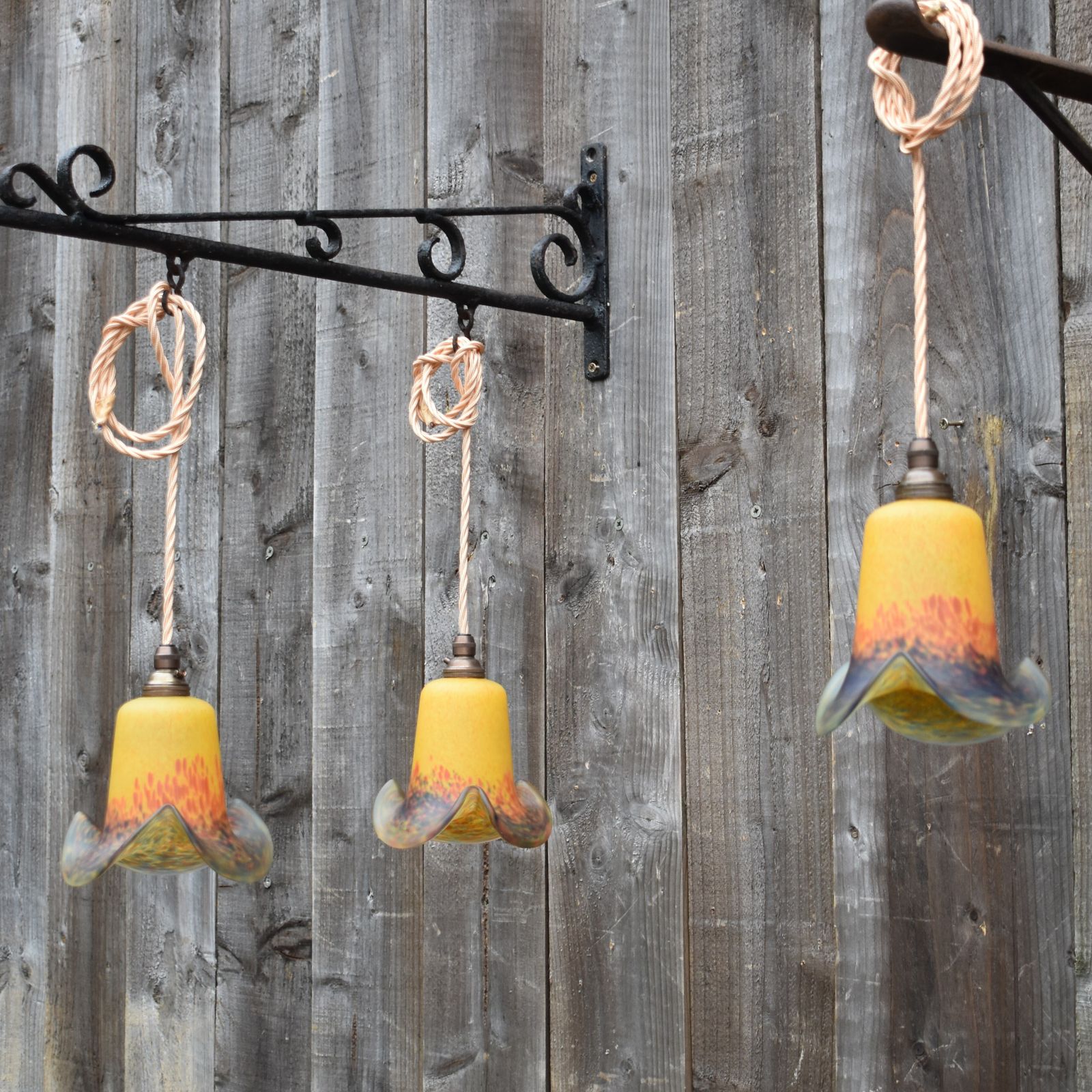 Antique Rare Vianne Art De France Tulip Glass Pendent Downlights Set Of Three