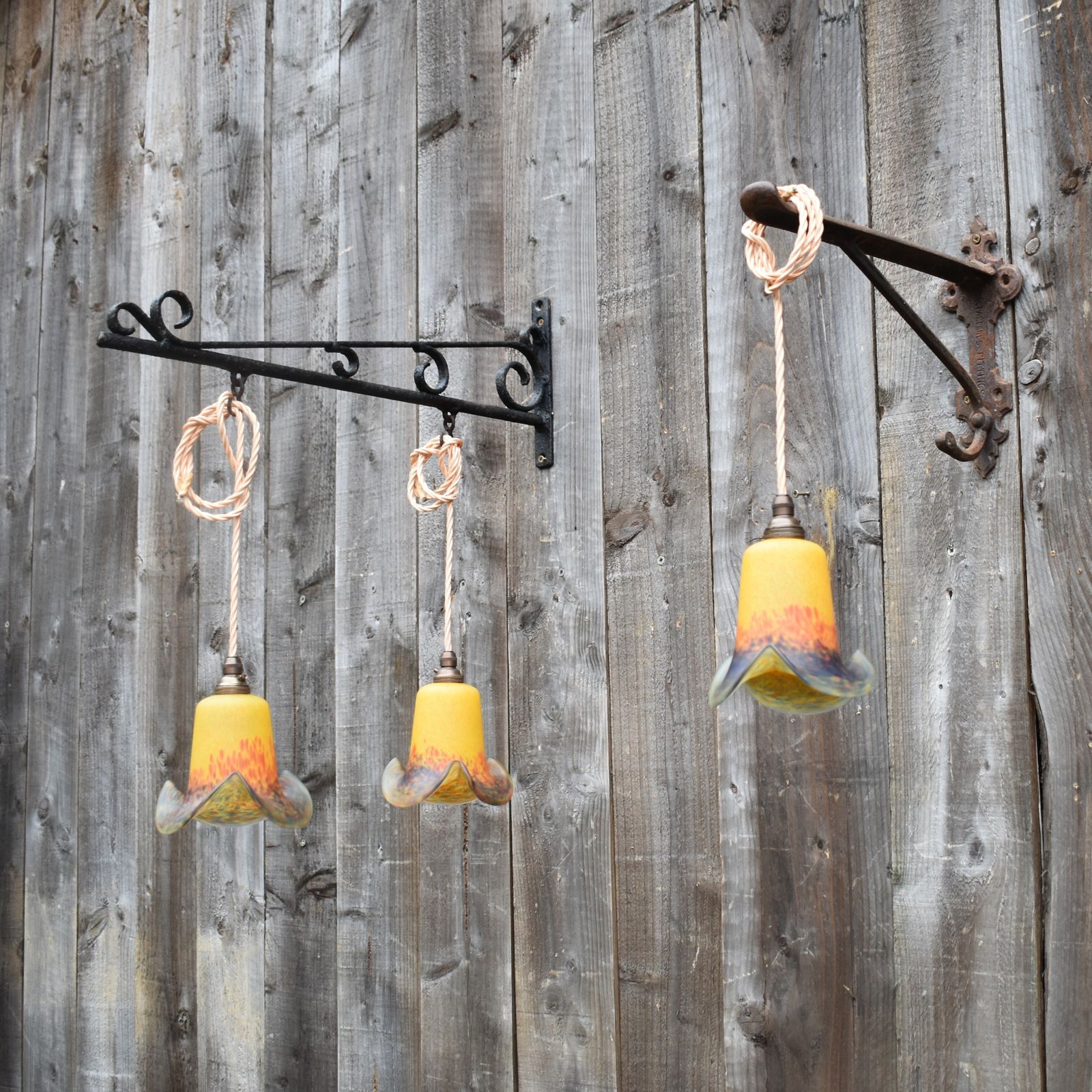 Antique Rare Vianne Art De France Tulip Glass Pendent Downlights Set Of Three photo vintage