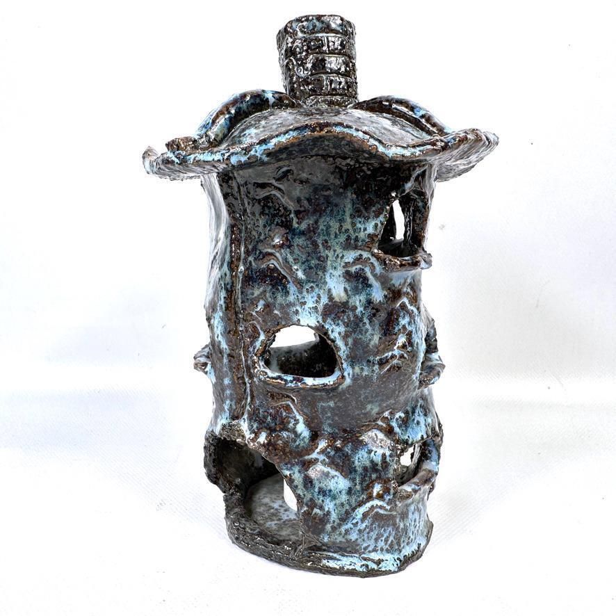 Vintage Studio Pottery Troll House Candle Holder – Sculptural Blue Glazed Ceramic, Mid Century Design photo 109.0