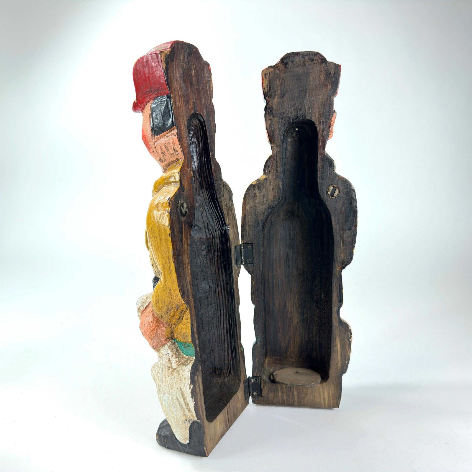 Antique Hand Carved Wine Bottle Box – Huntsman, Folk Art Barware C.1940s photo furniture