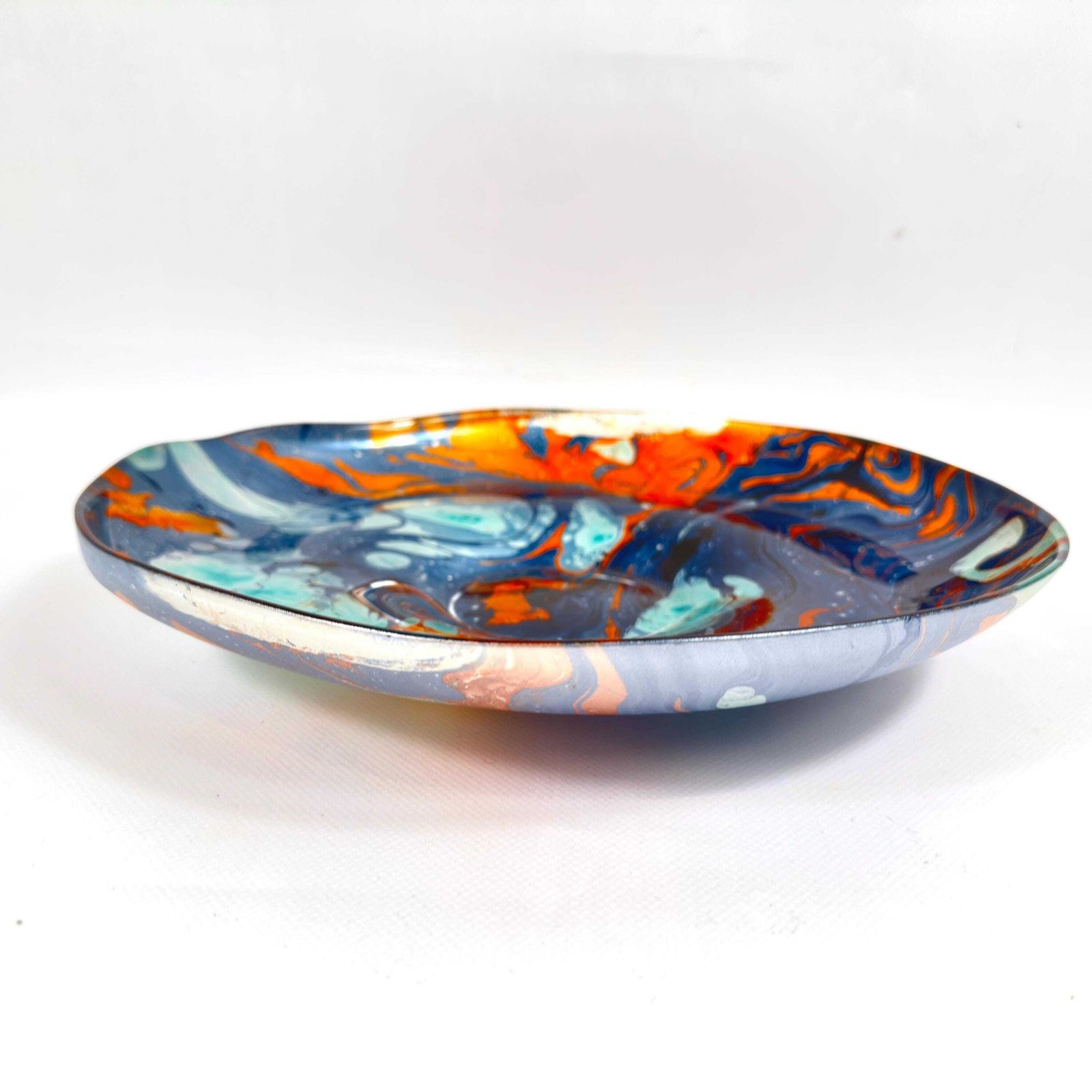 Scandinavian Art Glass Bowl – Large Centrepiece With Blue, Aqua & Orange Marbling, 30.5 Cm photo vinterior