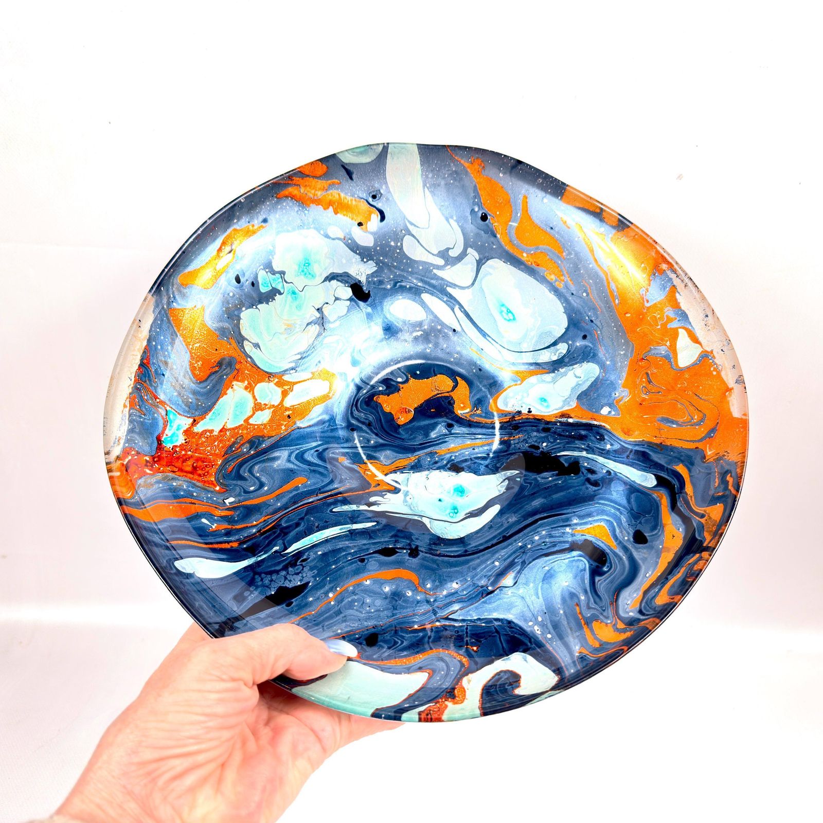 photo for sale Scandinavian Art Glass Bowl – Large Centrepiece With Blue, Aqua & Orange Marbling, 30.5 Cm