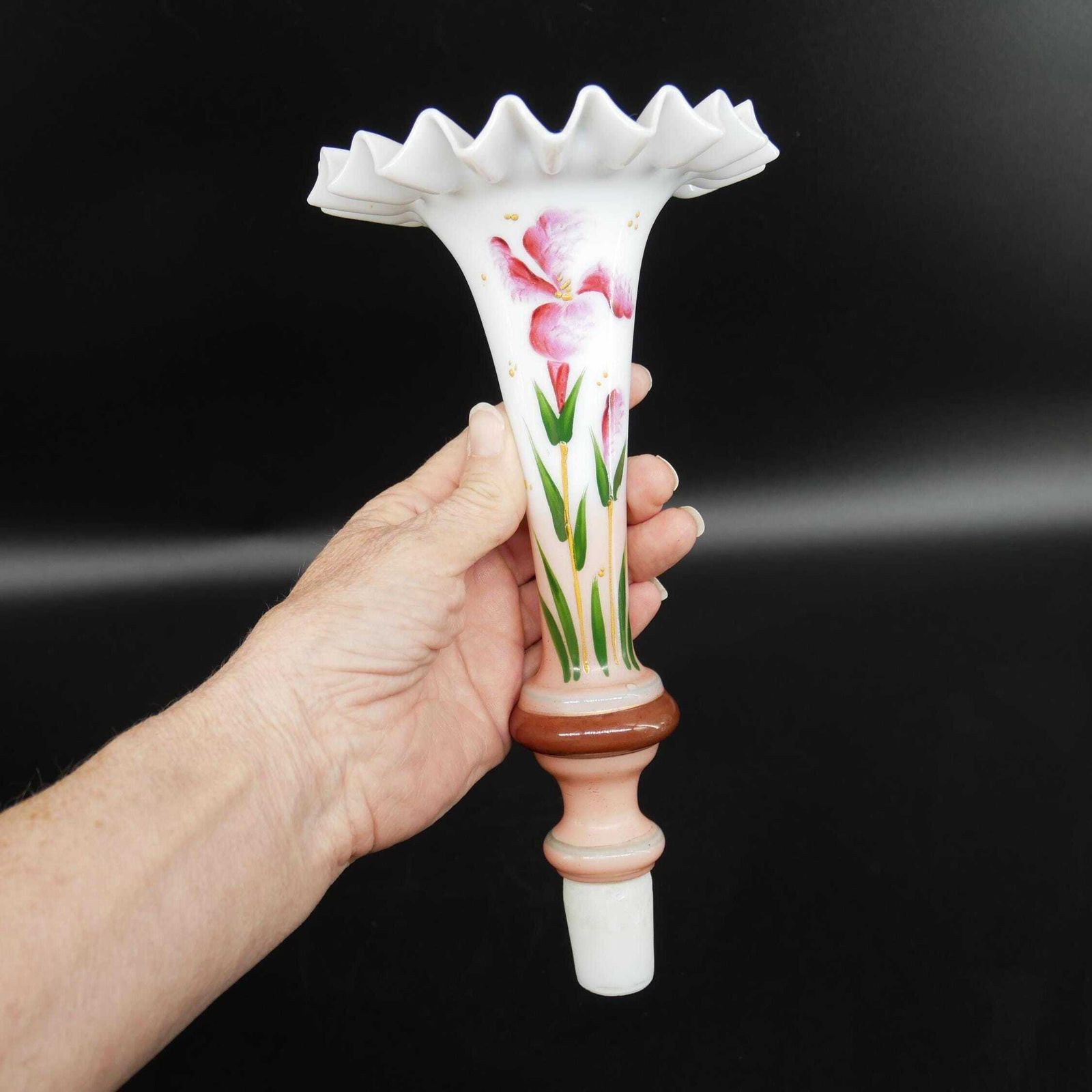 Antique French Art Nouveau Vase – Hand Painted Opal Glass – Pedestal Trumpet Design photo buy