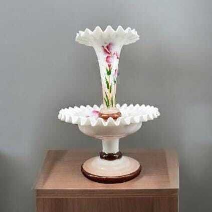 photo for sale Antique French Art Nouveau Vase – Hand Painted Opal Glass – Pedestal Trumpet Design