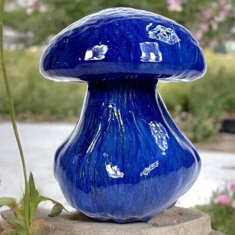 photo for sale Vintage Ceramic Mushroom Ornament – Extra Large Cobalt Blue Garden Decor, 1990s Glazed Pottery Sculpture