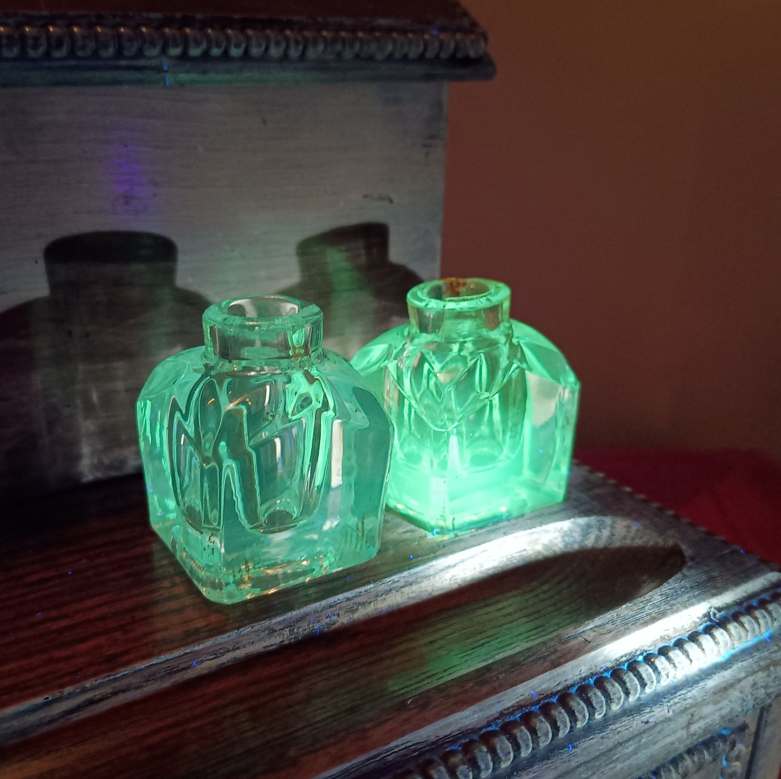 Furniture Antique English Small Oak Desk Tidy With Lidded Papers Holder And Pull Out Drawer, Cut Crystal Inkwells photo