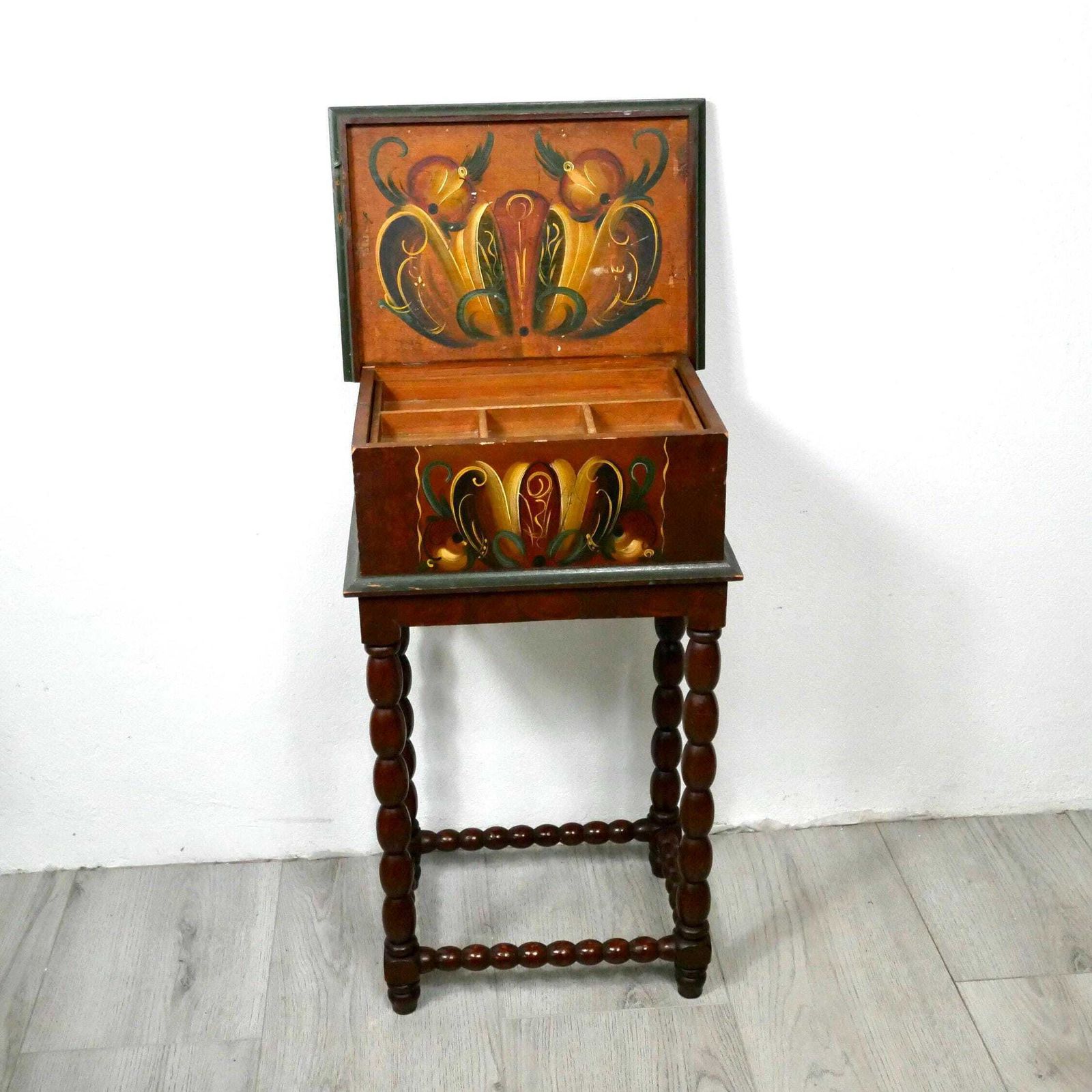 Vintage Hand Painted Kurbits Side Table: Swedish Rosemaling Folk Art photo Furniture