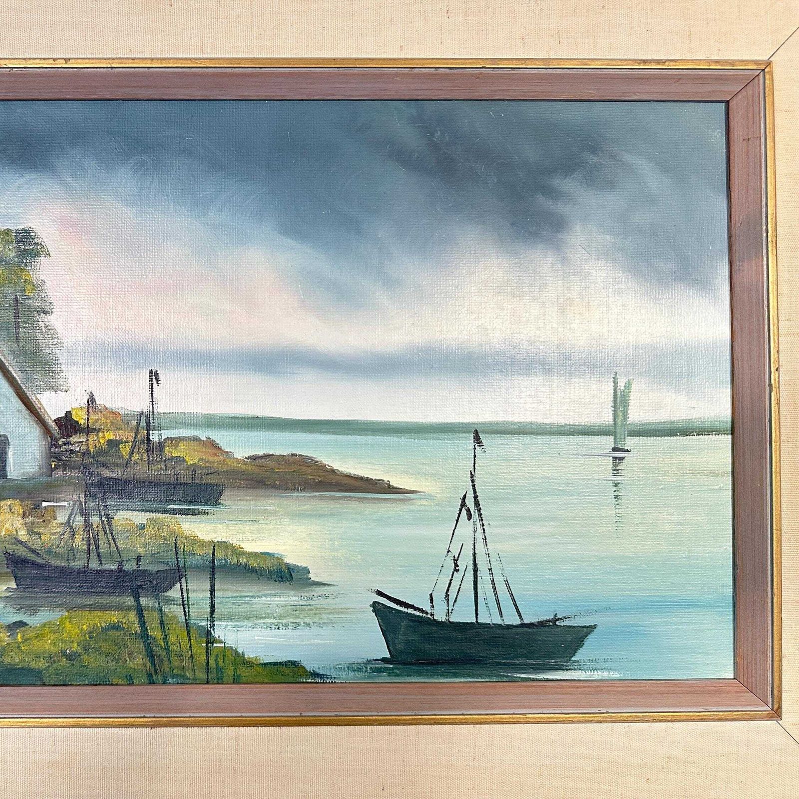 Vintage Scandinavian Oil Painting By Hartvig Jarlhov – Coastal Landscape With Boats – Mid Century Framed Art photo 236.0