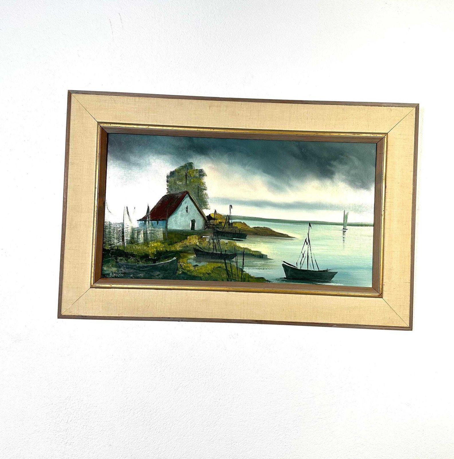 Vintage Scandinavian Oil Painting By Hartvig Jarlhov – Coastal Landscape With Boats – Mid Century Framed Art photo buy