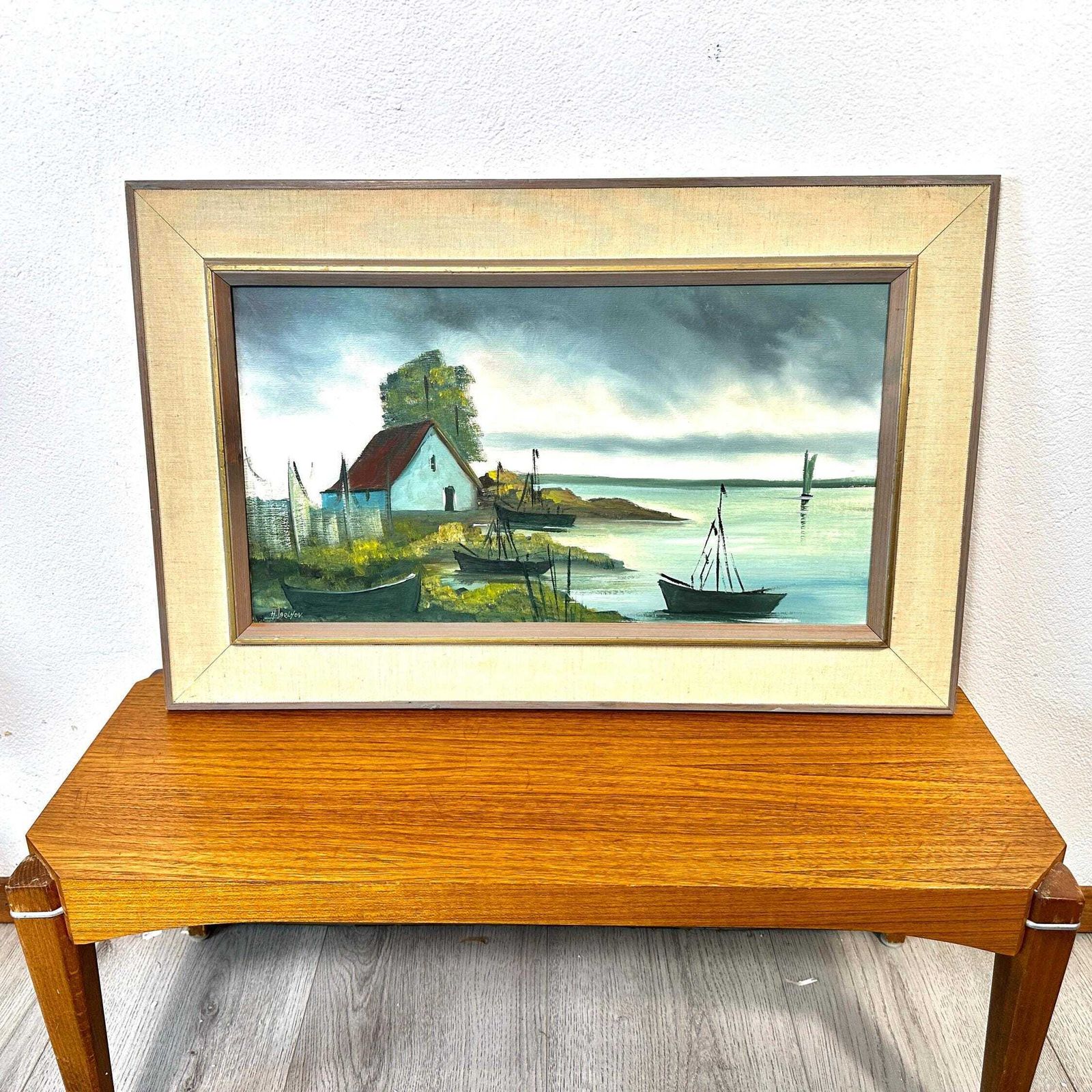 Vintage Scandinavian Oil Painting By Hartvig Jarlhov – Coastal Landscape With Boats – Mid Century Framed Art photo vintage