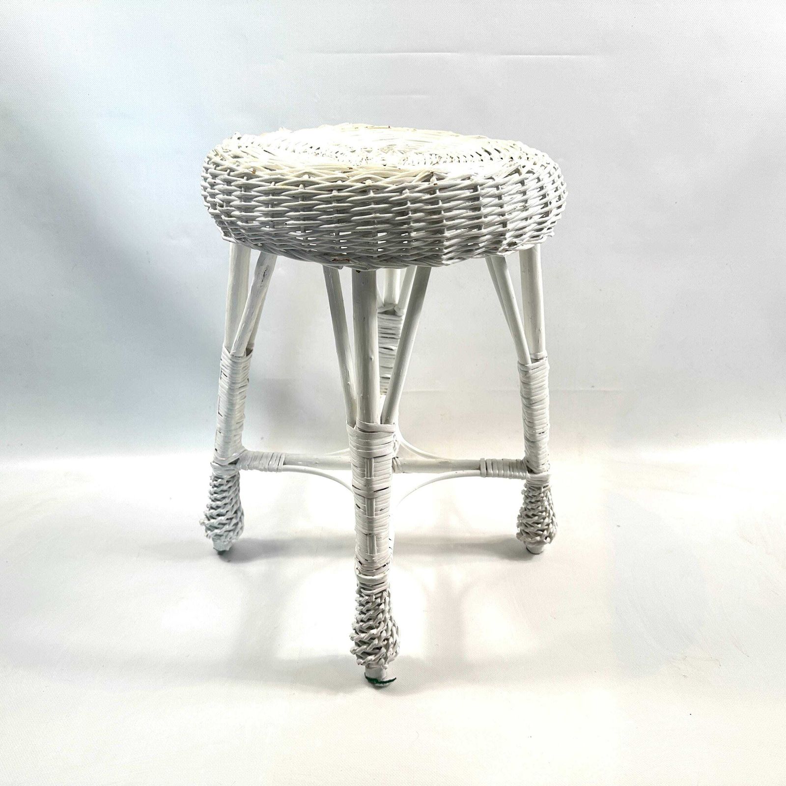 photo for sale Vintage White Rattan Stool – 1970s Boho Wicker Plant Stand Or Seat, 50 Cm