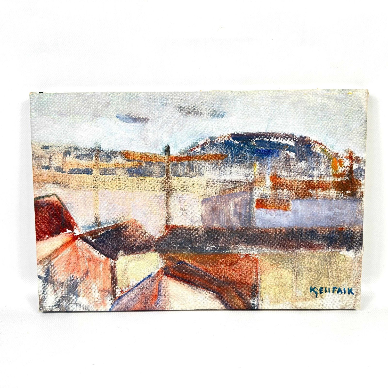 Oil Painting By Kjell Falk – Swedish Industrial Scene, 1970s photo for sale