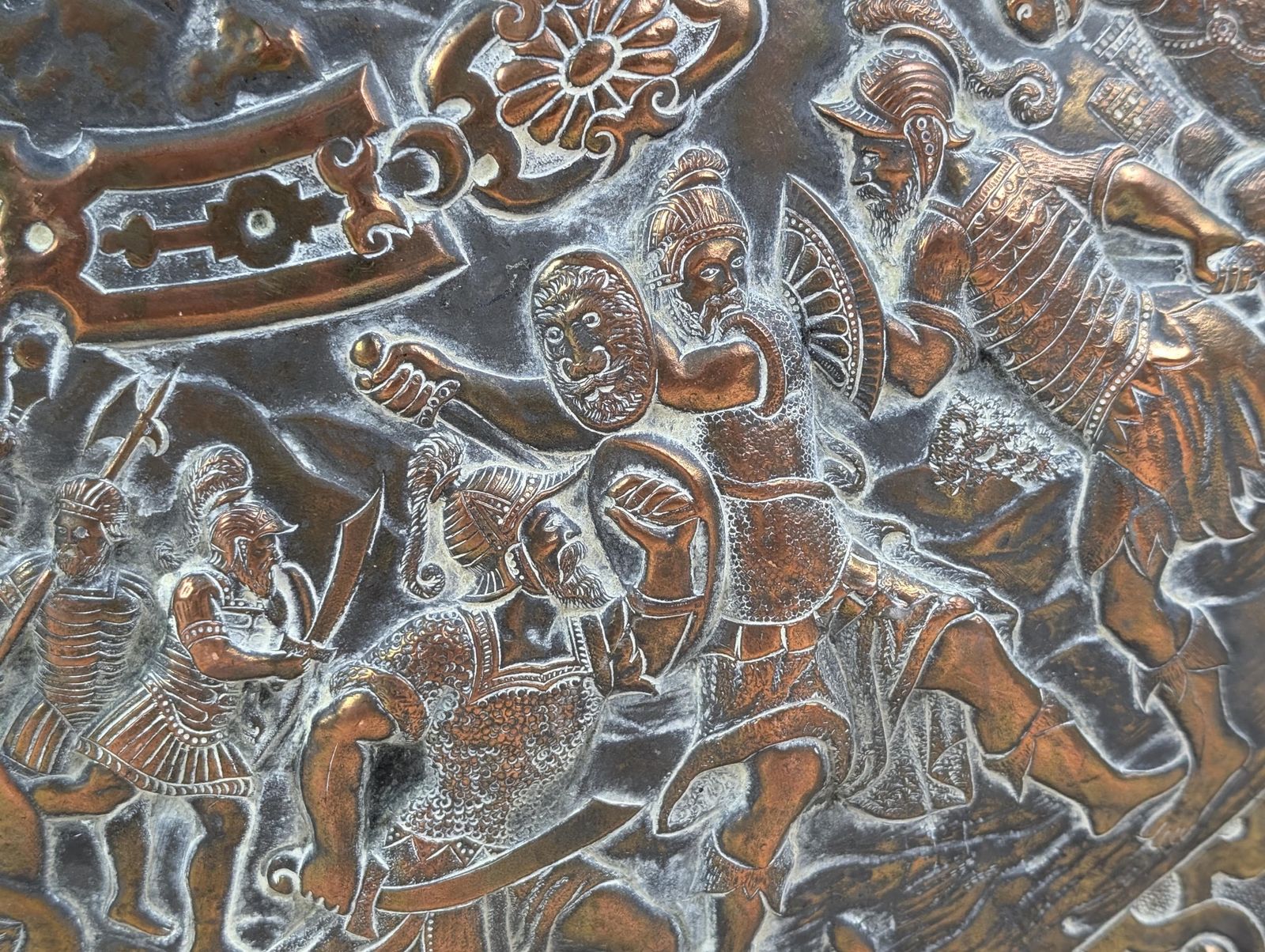 Large Brass Repoussé Shield Plaque Roman Battle Scene Victorian Grand Tour Wall Hanging Decor photo furniture