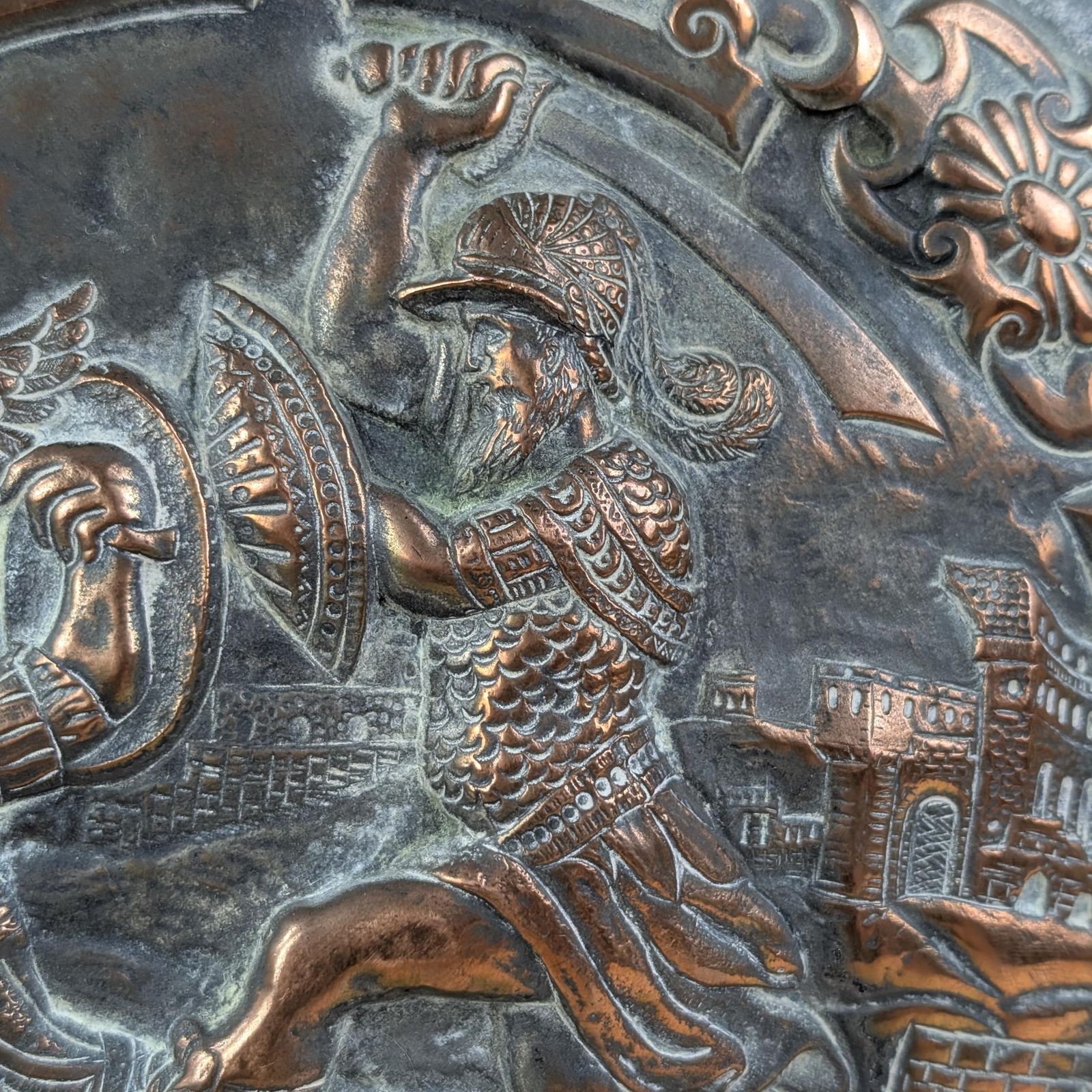 Large Brass Repoussé Shield Plaque Roman Battle Scene Victorian Grand Tour Wall Hanging Decor photo Art