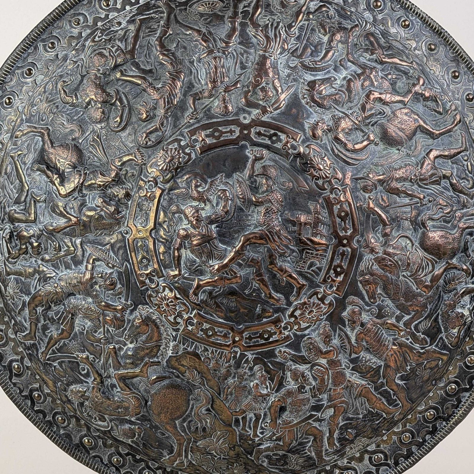 photo for sale Large Brass Repoussé Shield Plaque Roman Battle Scene Victorian Grand Tour Wall Hanging Decor
