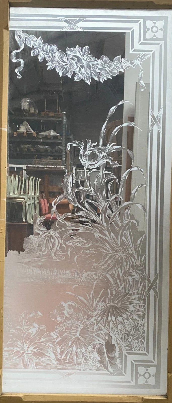 Art Nouveau Wood And Glass Engraved Three Door Partition Suite 20th Century photo 850.5