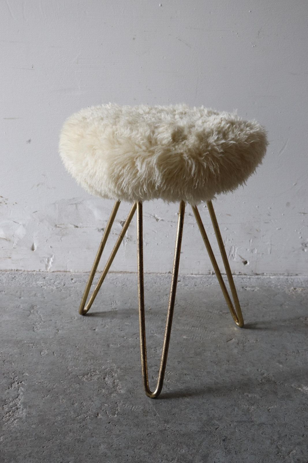 1950s German Boudoir Stool With Shaggy Faux Sheepskin Seat photo vintage