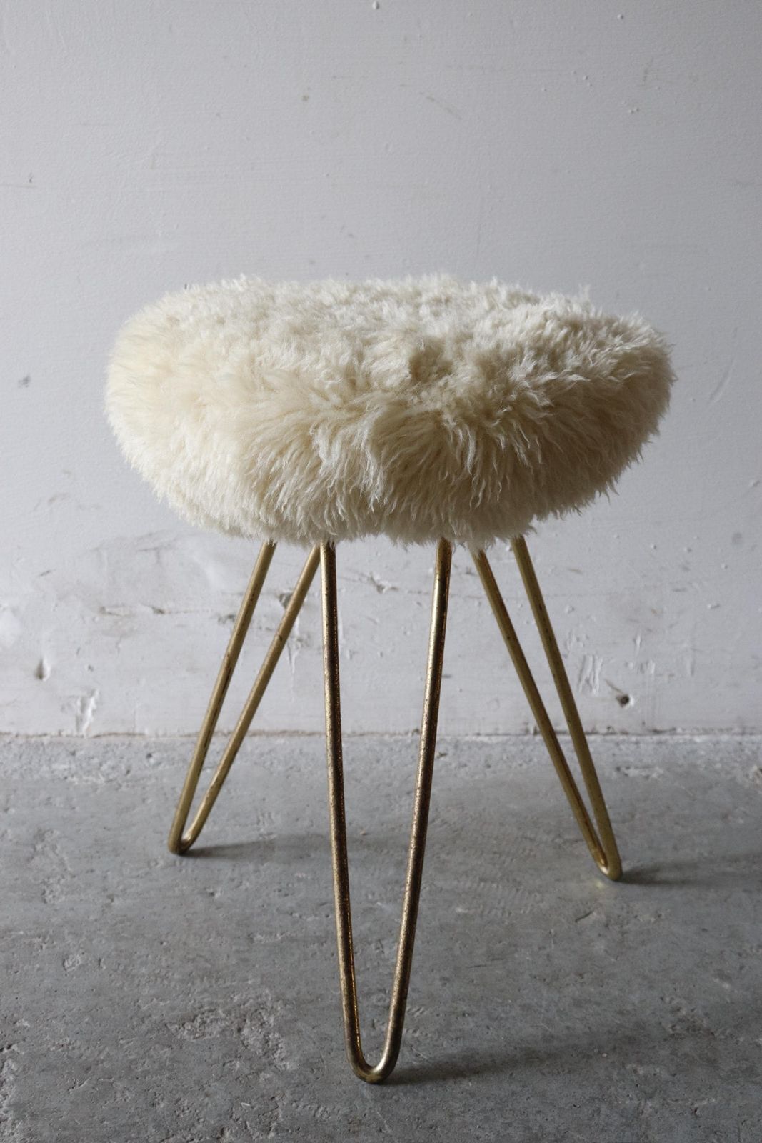 photo furniture 1950s German Boudoir Stool With Shaggy Faux Sheepskin Seat