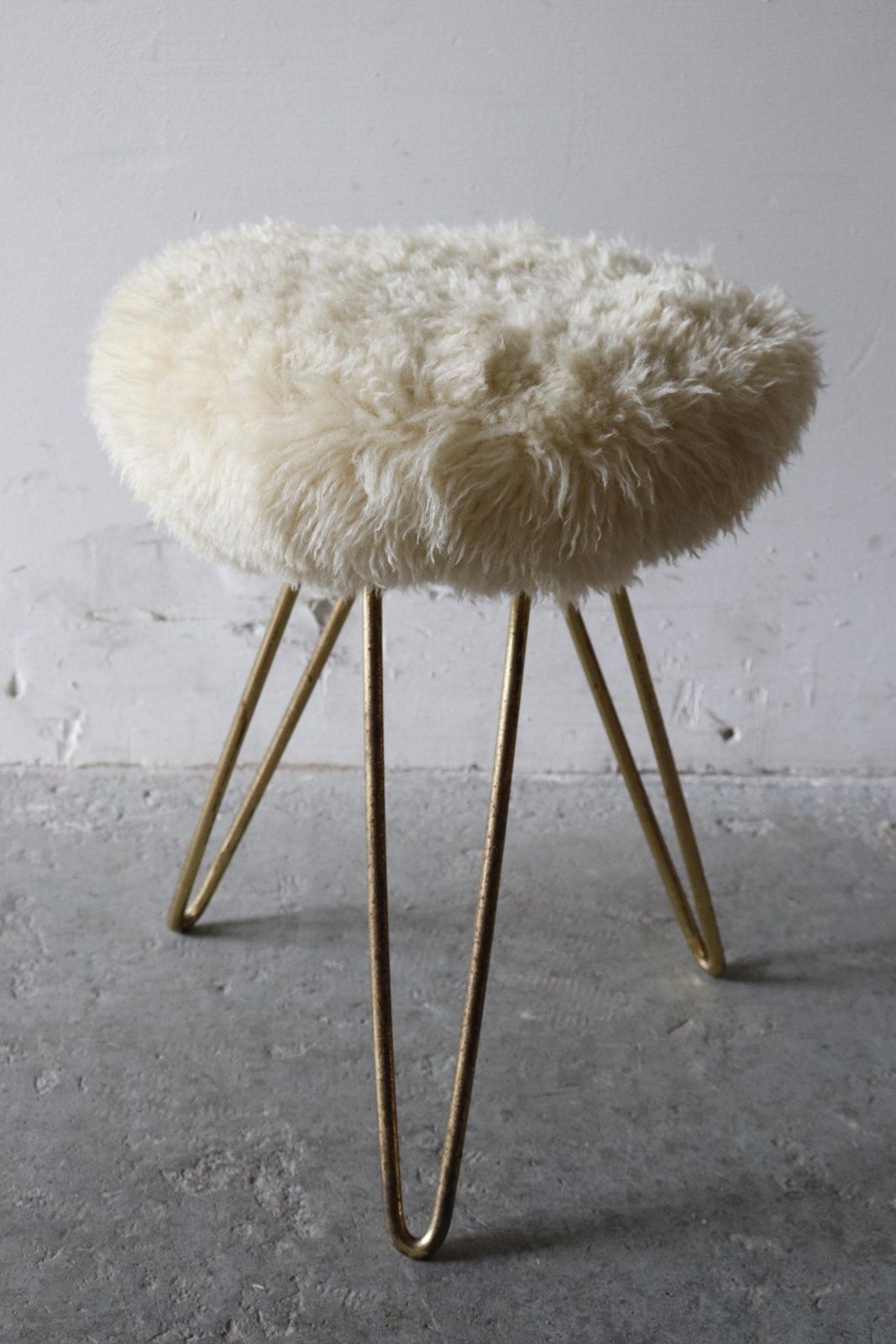 photo for sale 1950s German Boudoir Stool With Shaggy Faux Sheepskin Seat