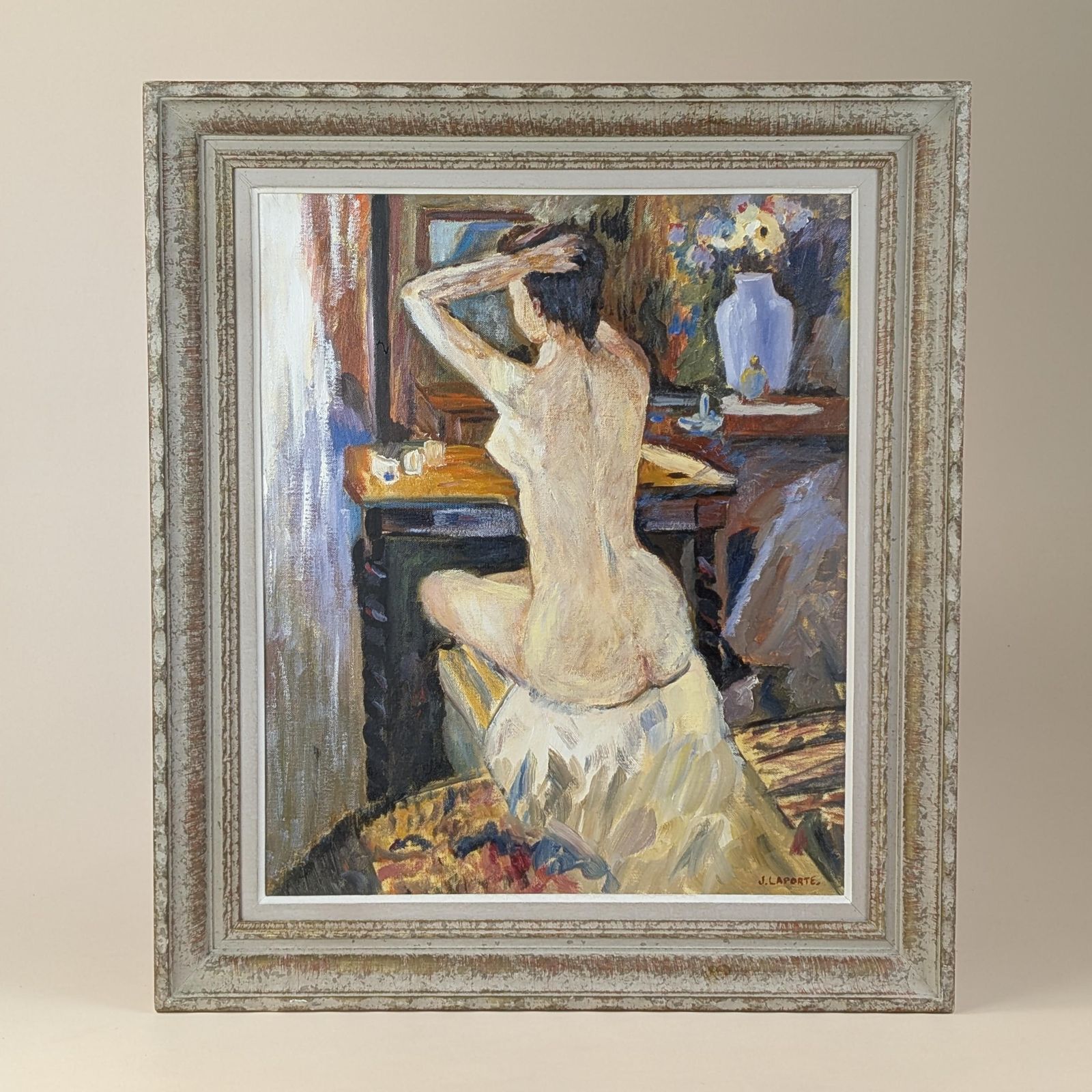 Vintage 1980s French Expressionist Nude Woman Oil On Canvas Painting Signed J. Laporte