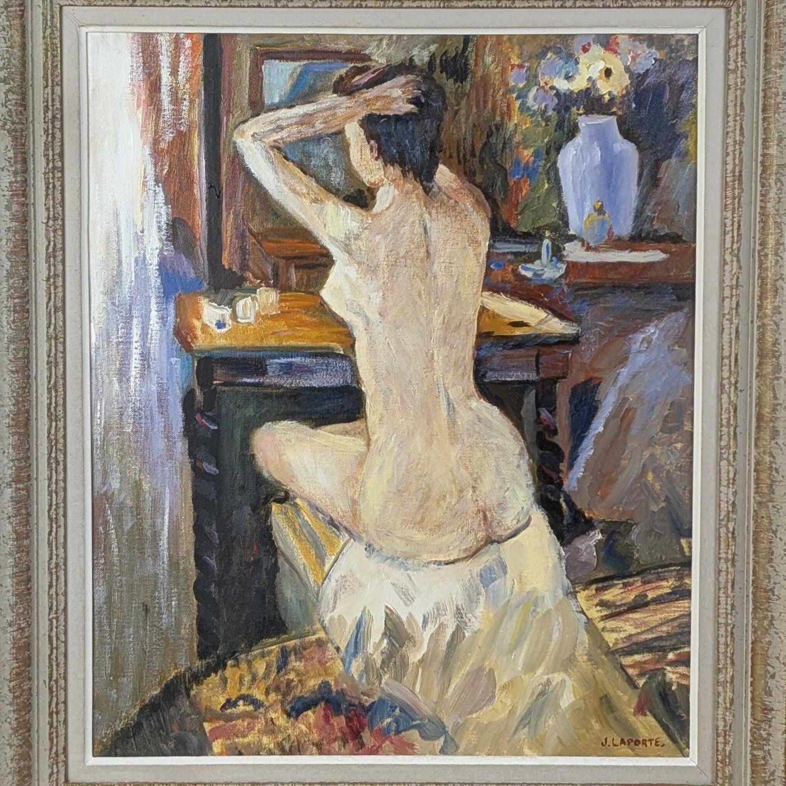 Vintage 1980s French Expressionist Nude Woman Oil On Canvas Painting Signed J. Laporte photo furniture