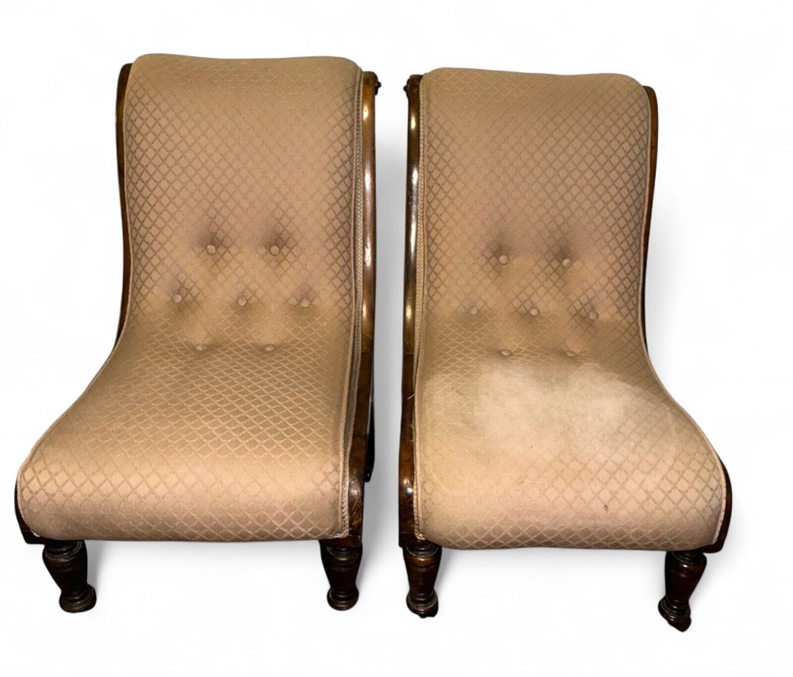 Pair Of Late Victorian Walnut Nursing Chairs – Carved Frames On Castors (C.1895)