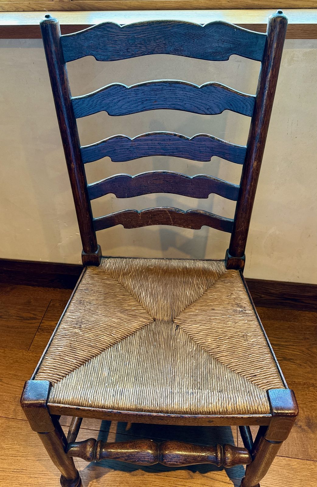 800.0 Set Of 6 Antique Lancashire Wavy Ladderback Rush Seat Chairs Vgc With Handmade Ian Mankin Linen Cushions photo