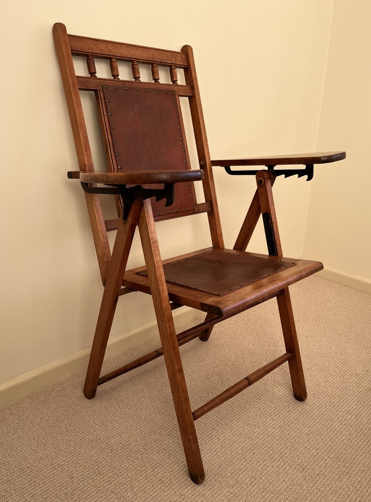 Rare Arts And Crafts Maple Campaign Adjustable/Folding Chair Leather Seat