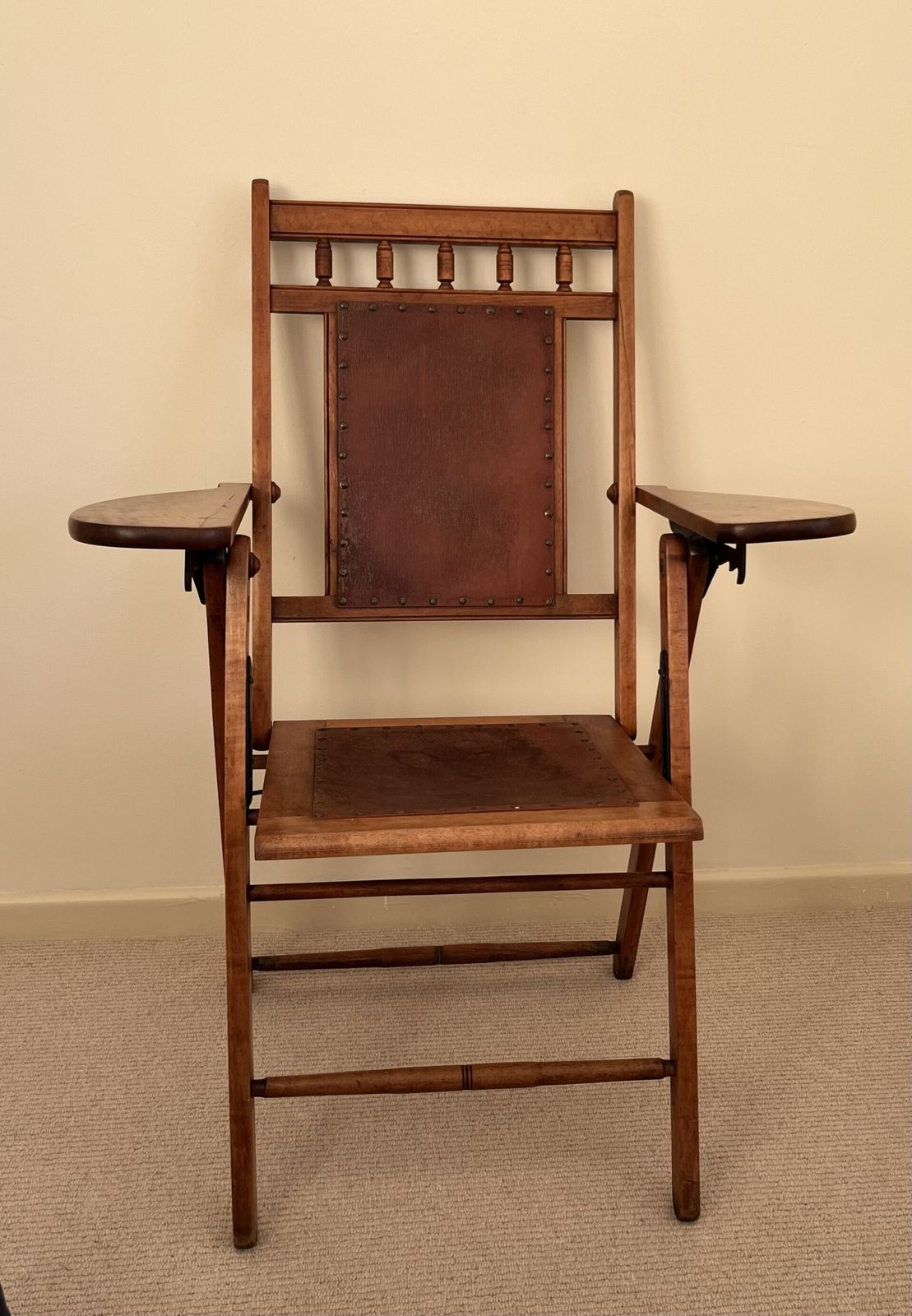 Rare Arts And Crafts Maple Campaign Adjustable/Folding Chair Leather Seat photo vinterior