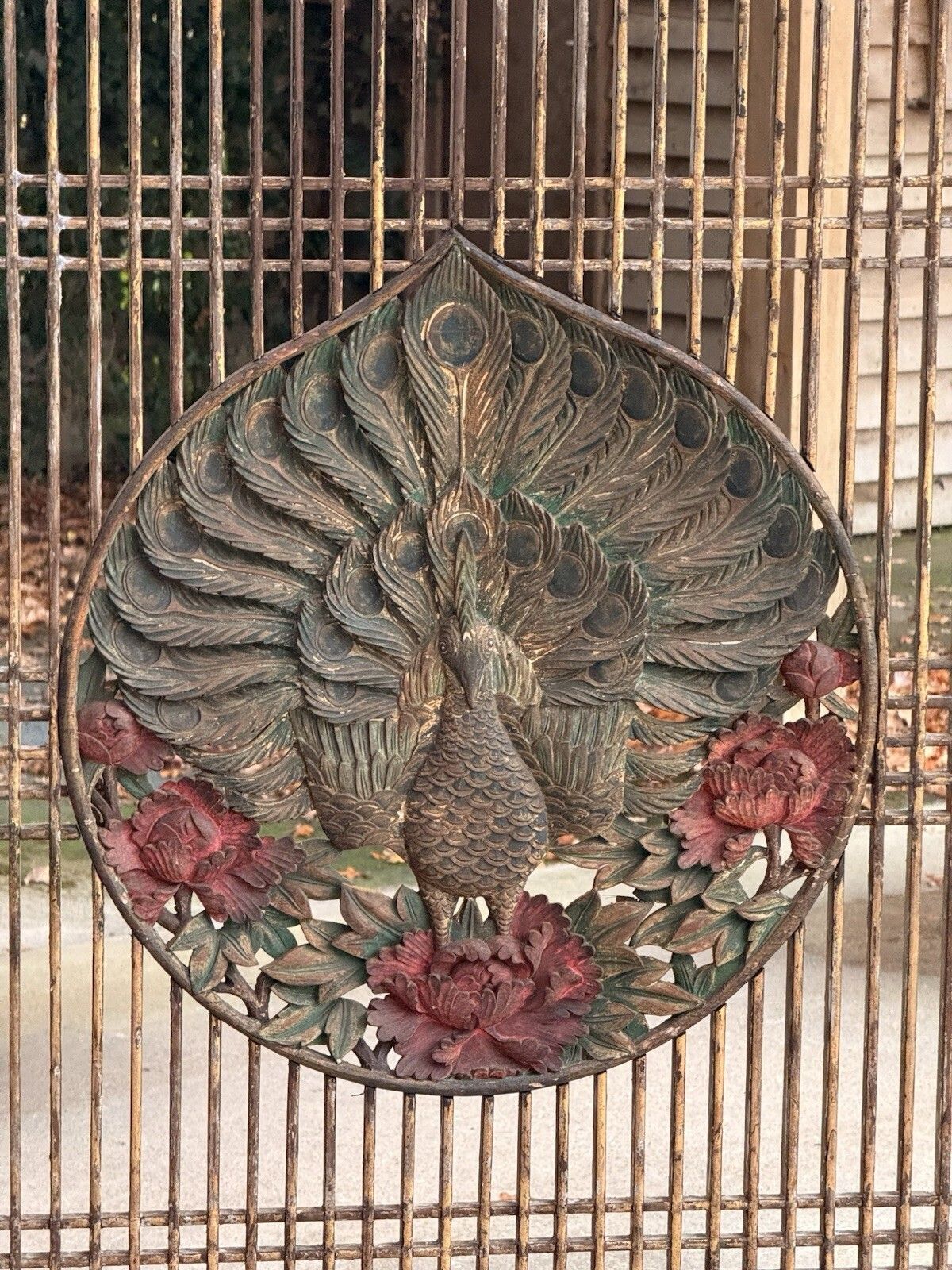Antique Two Panel Lattice Screen With Carved Peacocks, Floral & Gilt Detail photo vinterior