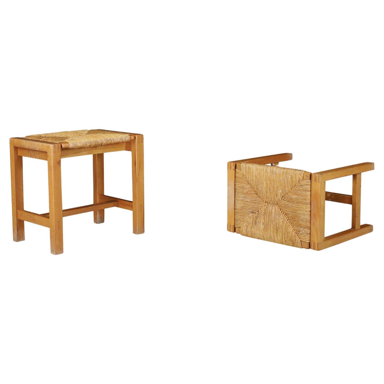 Set Of Two Mid Century Modern Elm And Rush Stools By Maison Regain, France, 1960