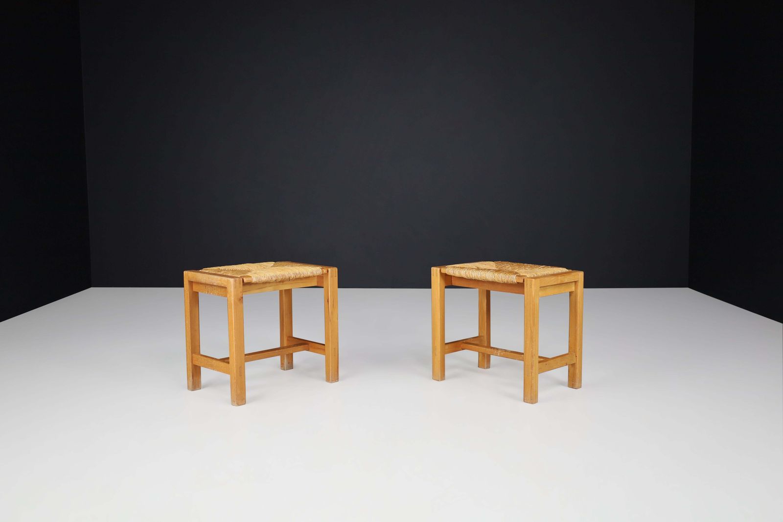 Set Of Two Mid Century Modern Elm And Rush Stools By Maison Regain, France, 1960 photo for sale