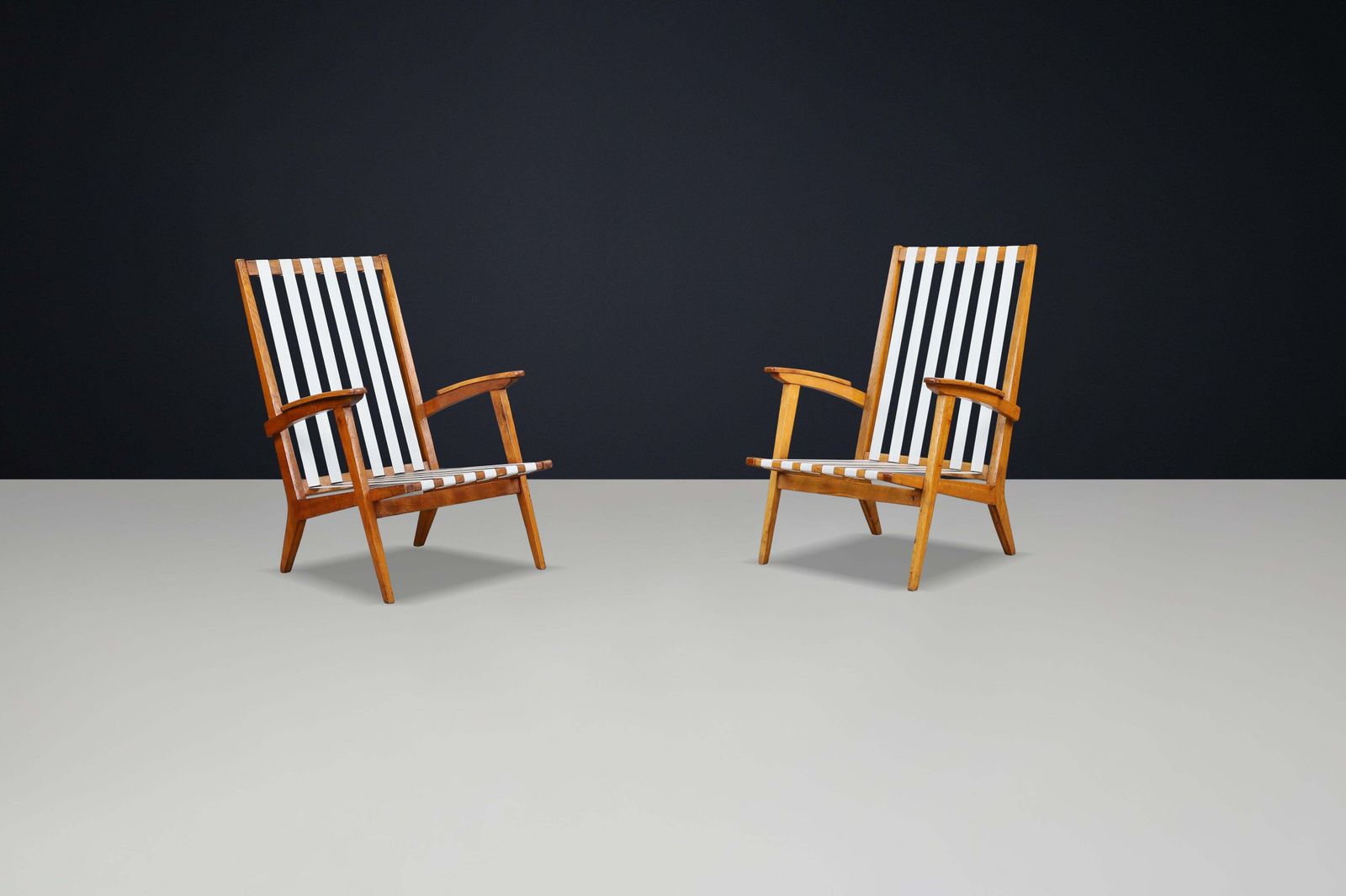 Mid Century Modern Highback Armchairs In Oak And Canvas Straps, France, 1950s photo furniture