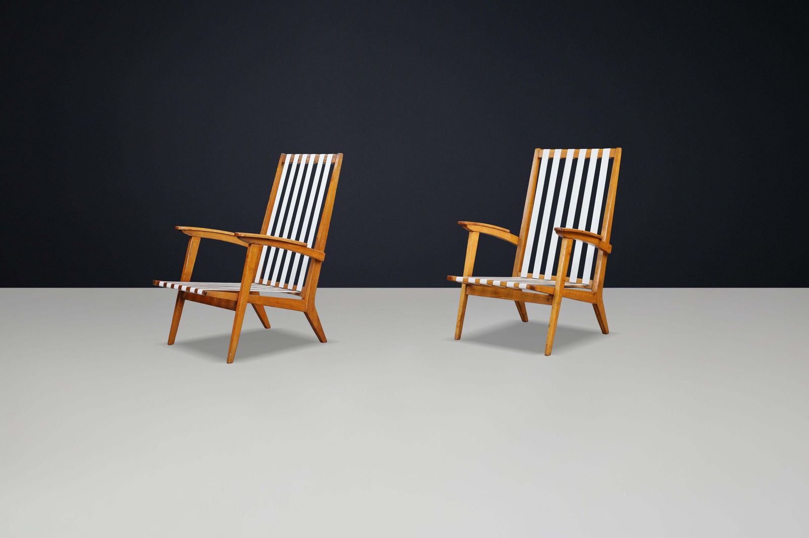 Mid Century Modern Highback Armchairs In Oak And Canvas Straps, France, 1950s photo for sale
