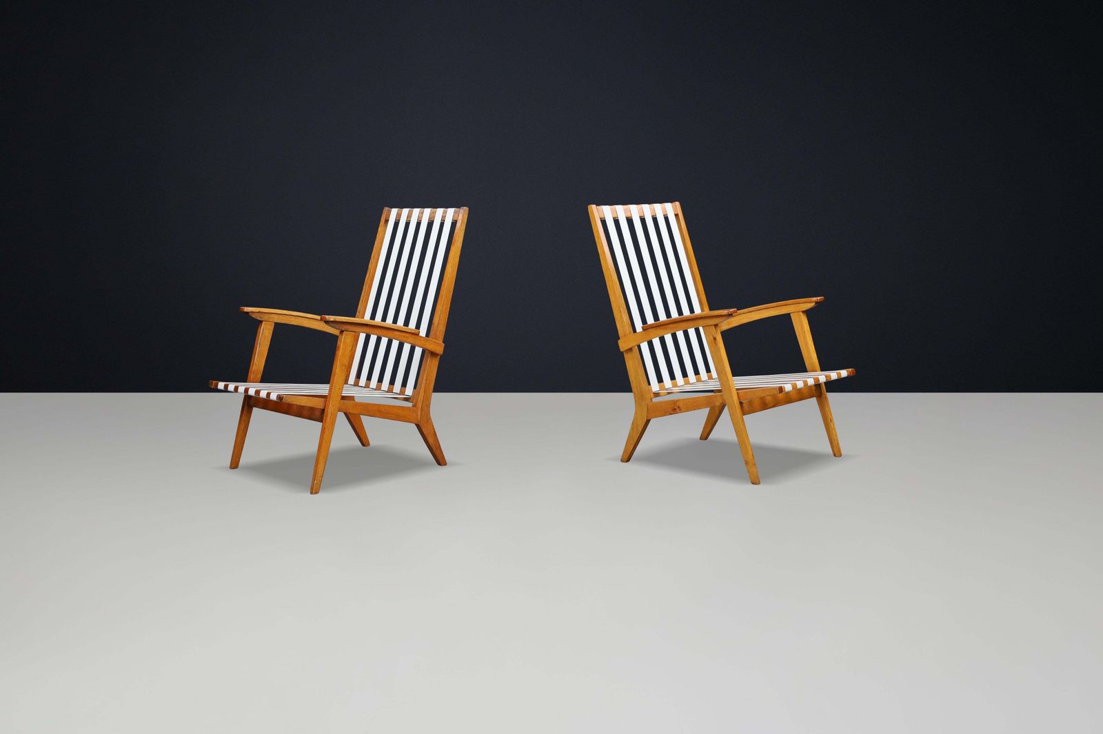 Mid Century Modern Highback Armchairs In Oak And Canvas Straps, France, 1950s photo vinterior
