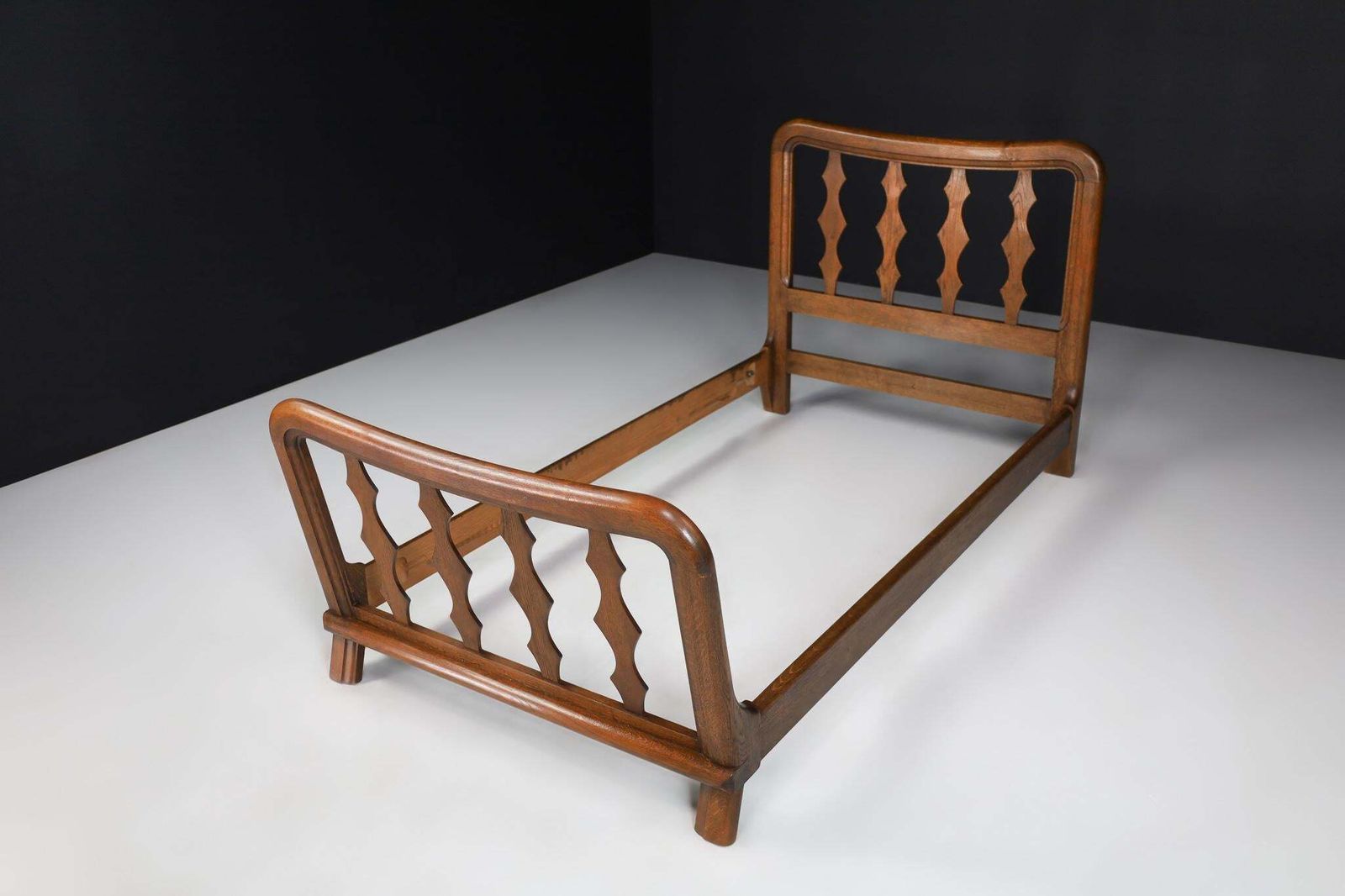 Mid Century Modern Guillerme & Chambron Bed Frame In Solid Oak, France 1960s photo vinterior